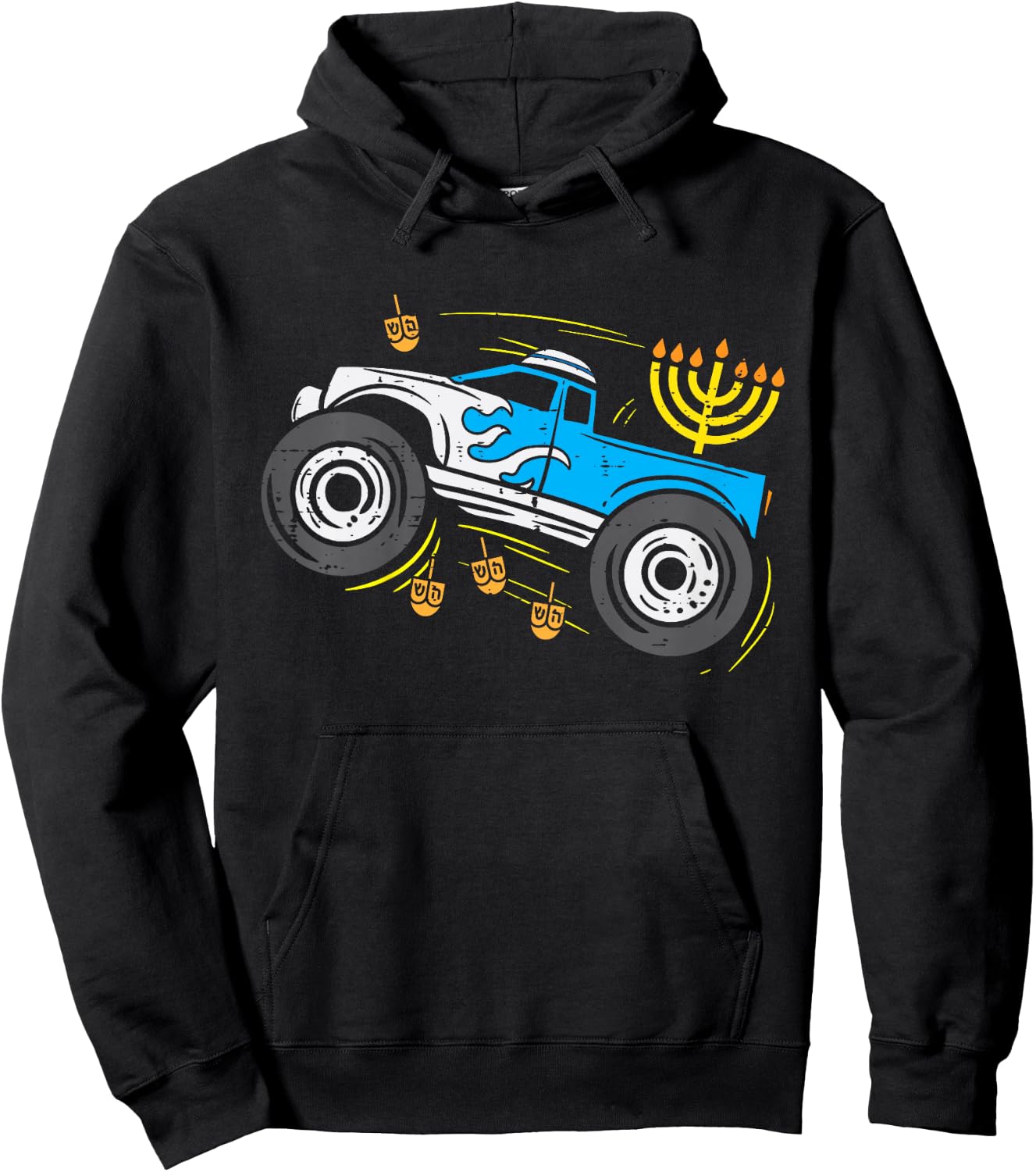 Kids Monster Truck Menorah Dreidel Toddler Boys Hanukkah Kids Hoodie - Hoodie | Black