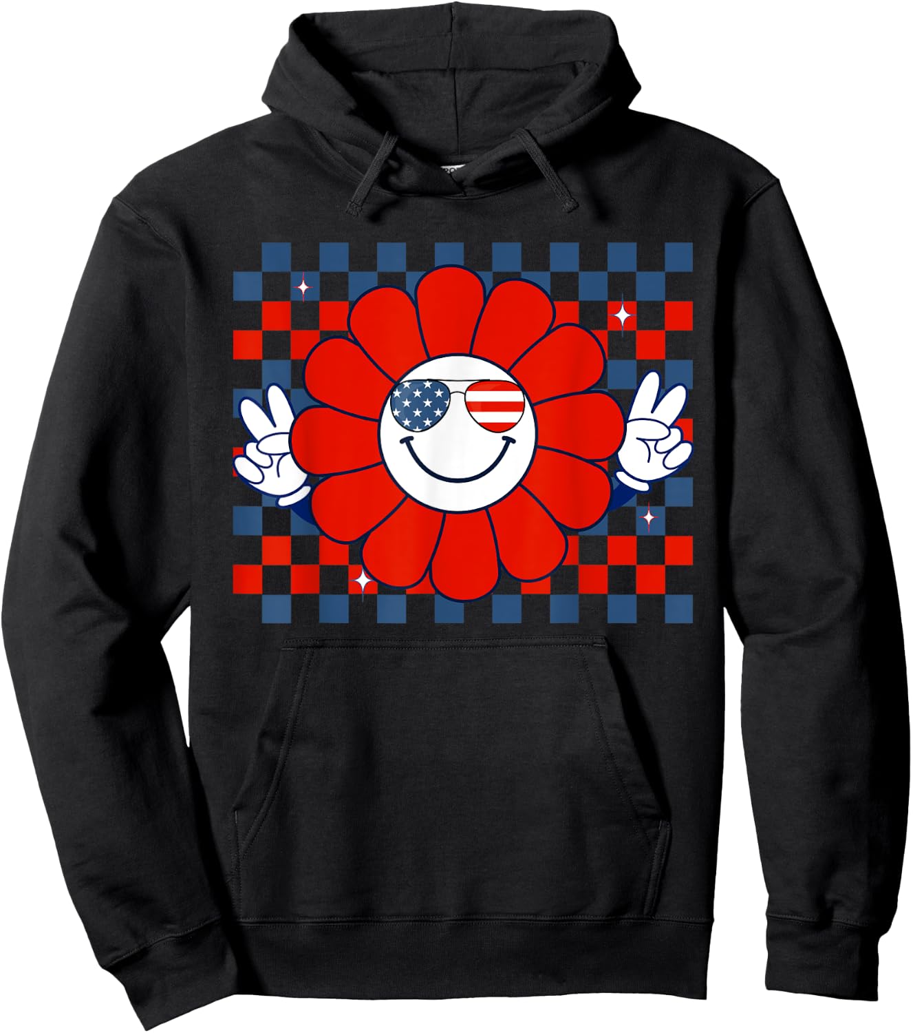 Retro Groovy Fourth 4th of July Smile Checkered Sunglasses Hoodie - Hoodie | Black