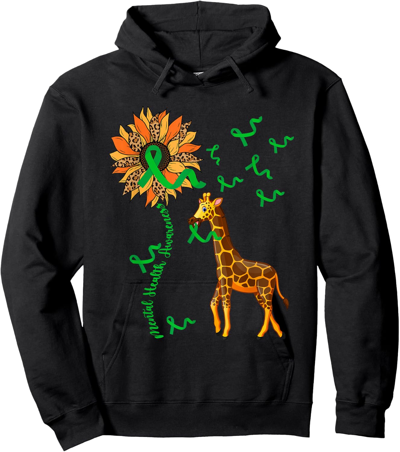 Mental Health Awareness Giraffe Holding Green Ribbons Lover Hoodie - Hoodie | Black