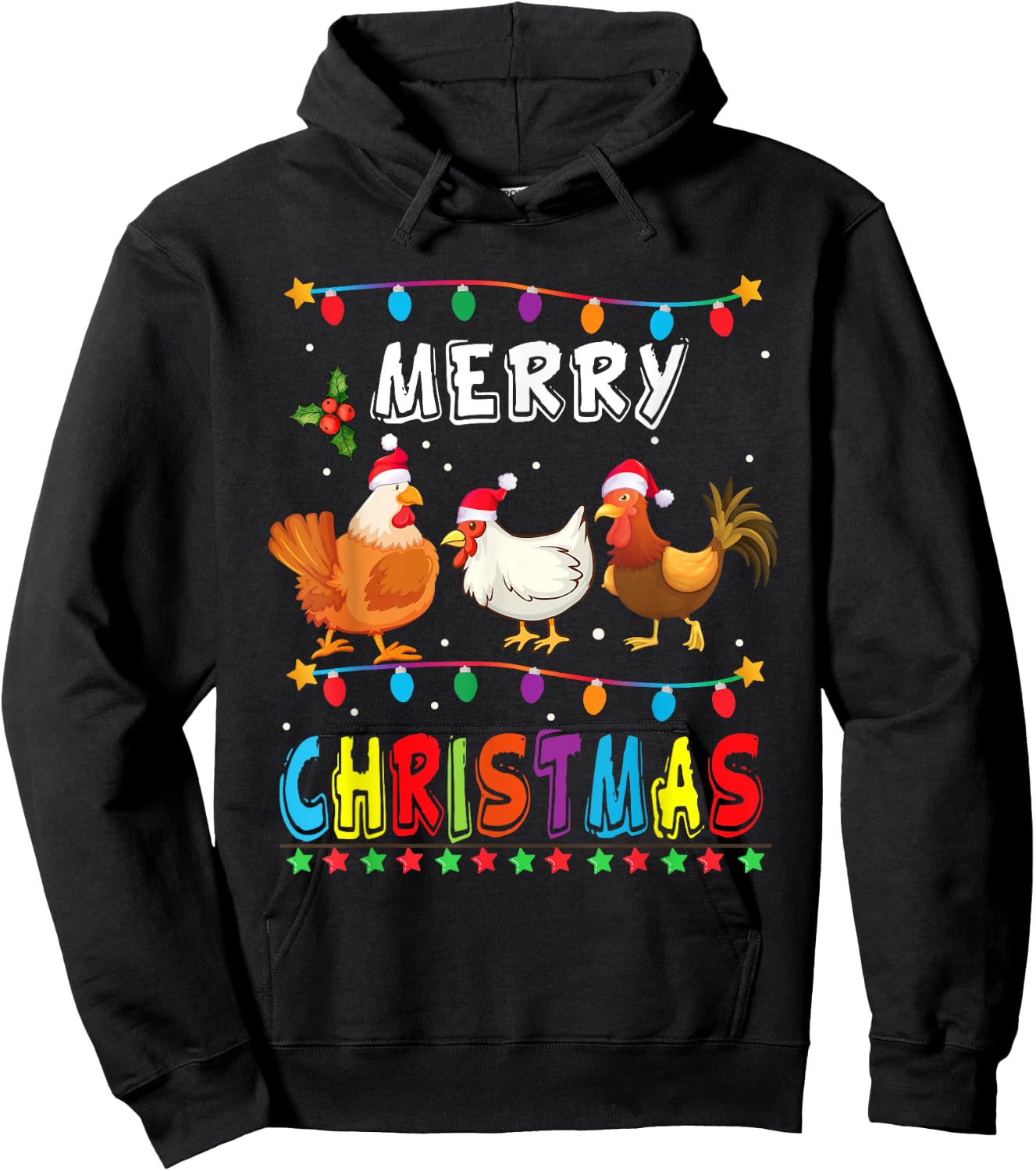 Merry Christmas Chicken Shirt Santa Hat Lights Xmas Funny Hoodie - Hoodie | Black