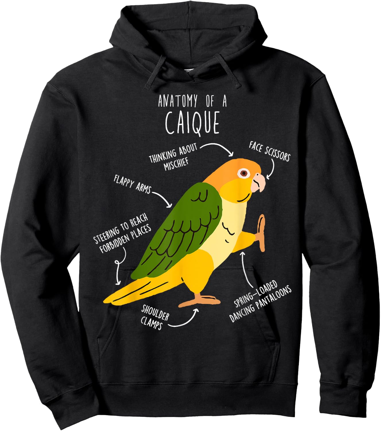 White-bellied Caique Parrot Anatomy, Funny Cute Pet Bird Mom Hoodie - Hoodie | Black