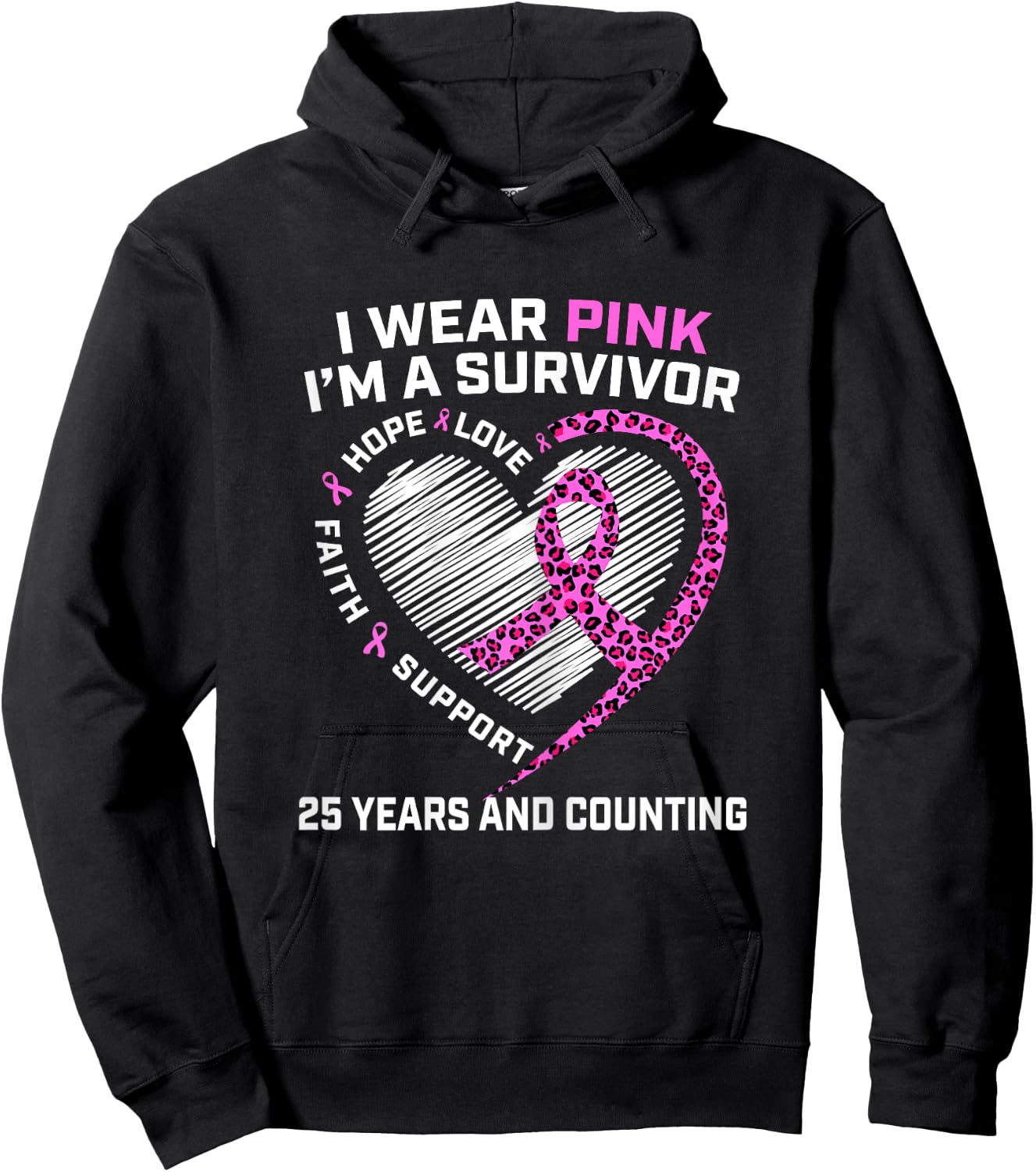 25 Years Breast Cancer Free Cute Heart Cheetah Pink Survivor Hoodie - Hoodie | Black