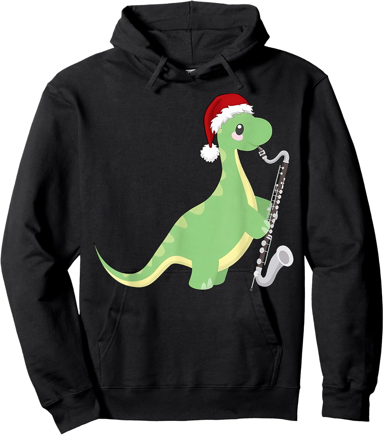 Christmas Cute Dinosaur Playing Bass Clarinet Music Teacher Hoodie - Hoodie | Black