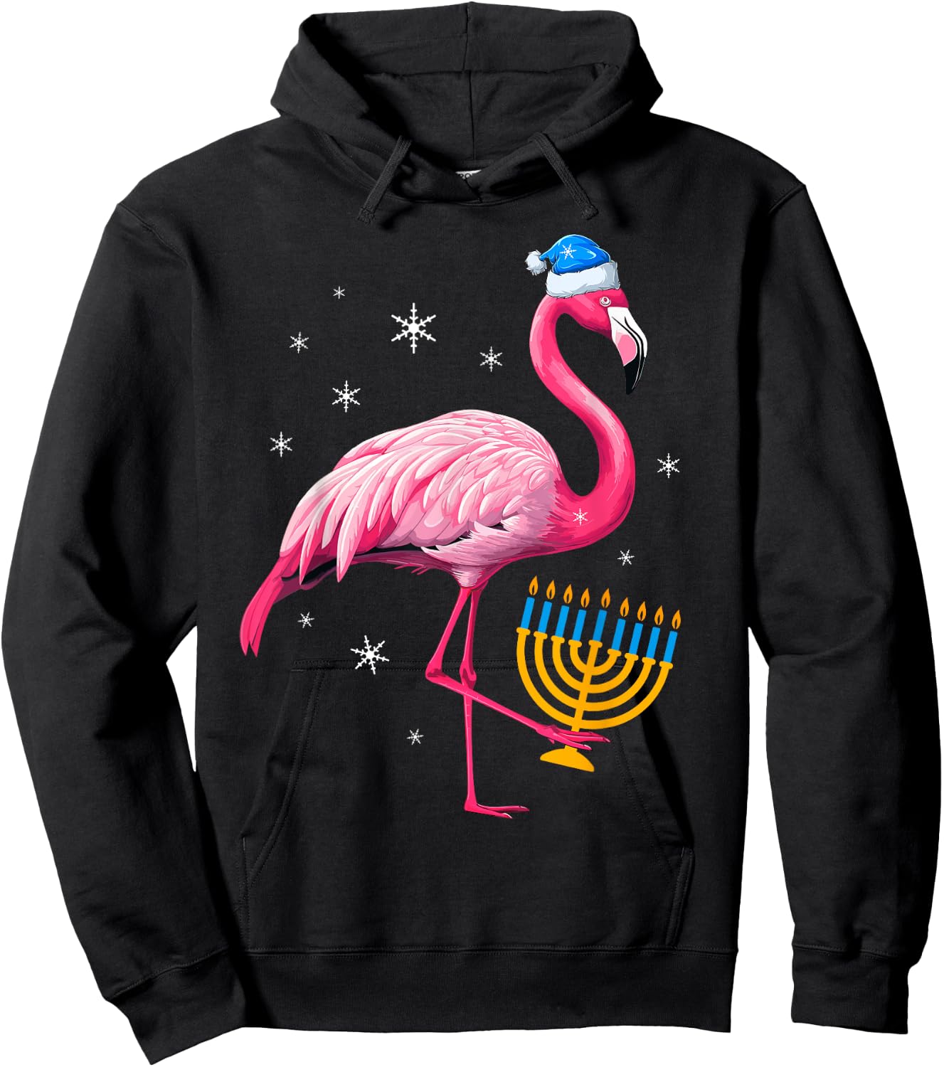 Jewish Santa Pink Flamingo Menorah Hanukkah Merry Christmas Hoodie - Hoodie | Black
