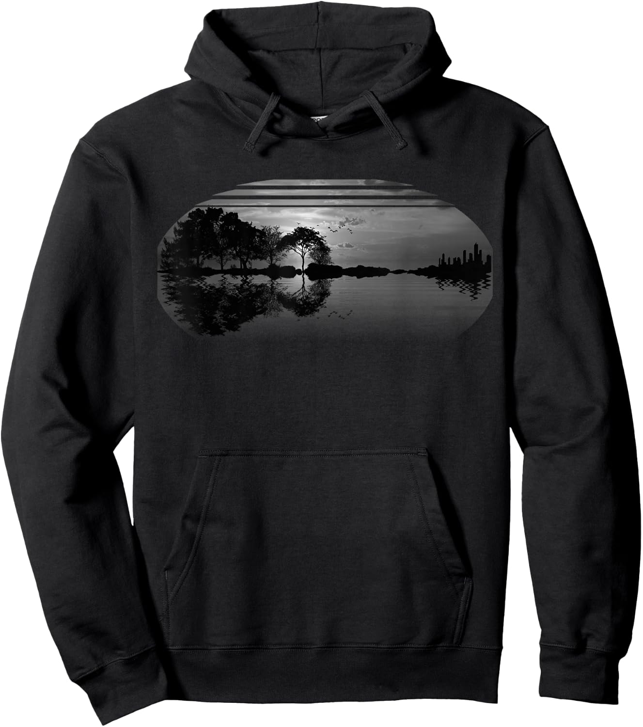 Guitar Gray Sky Trees City Lake Reflection Special Design Hoodie - Hoodie | Black