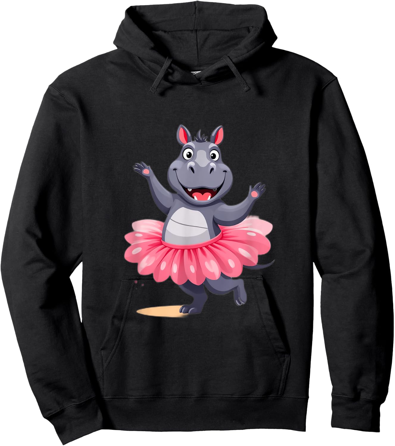 Oeiras Design Studio Cute Hippo in Tutu -Kids Black Cartoon Animal Short Sleeve Casual Small Hoodie - Hoodie | Black