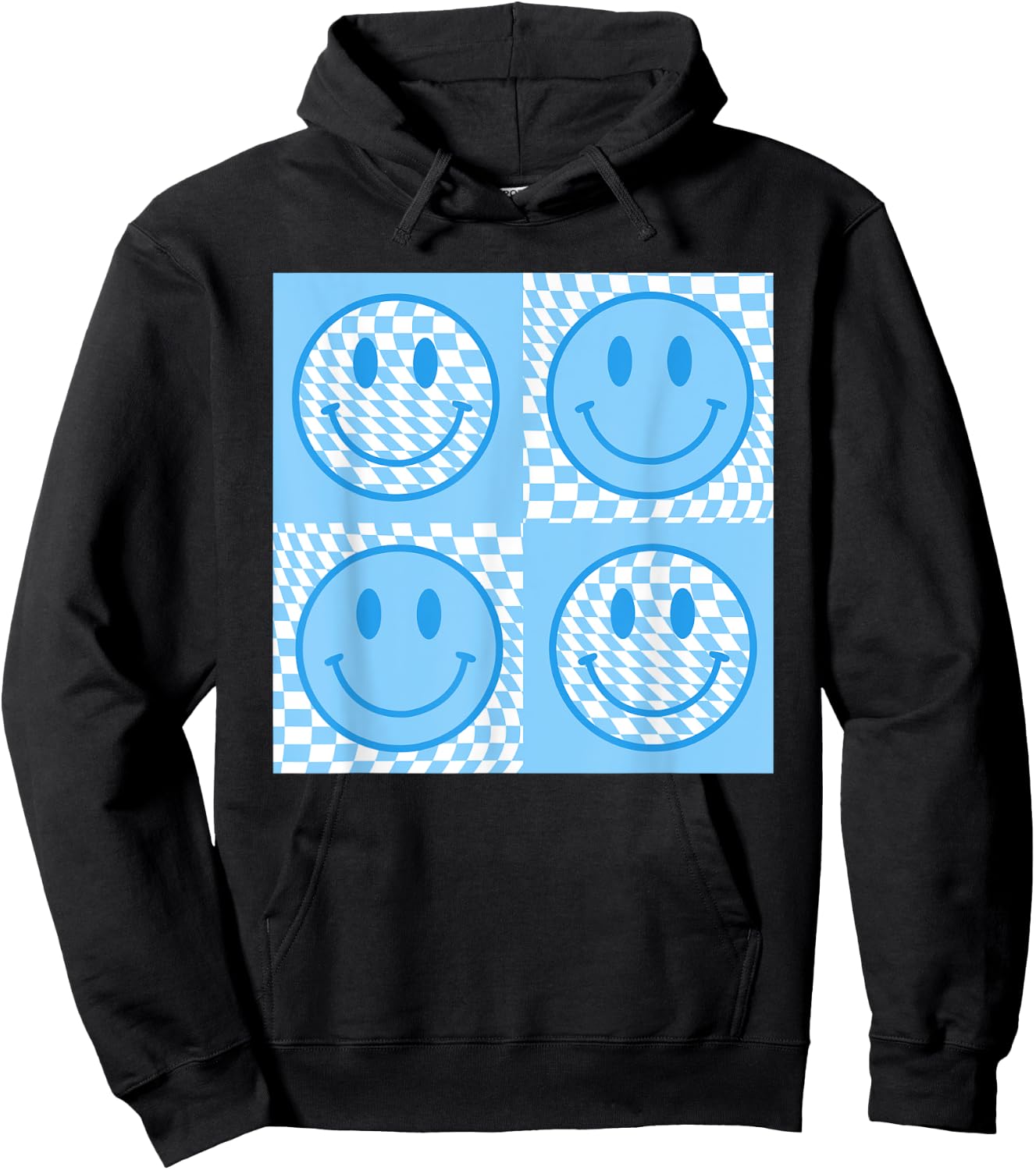 Checkered Pattern Smile Face Meme Blue Happy Face Colorful Hoodie - Hoodie | Black