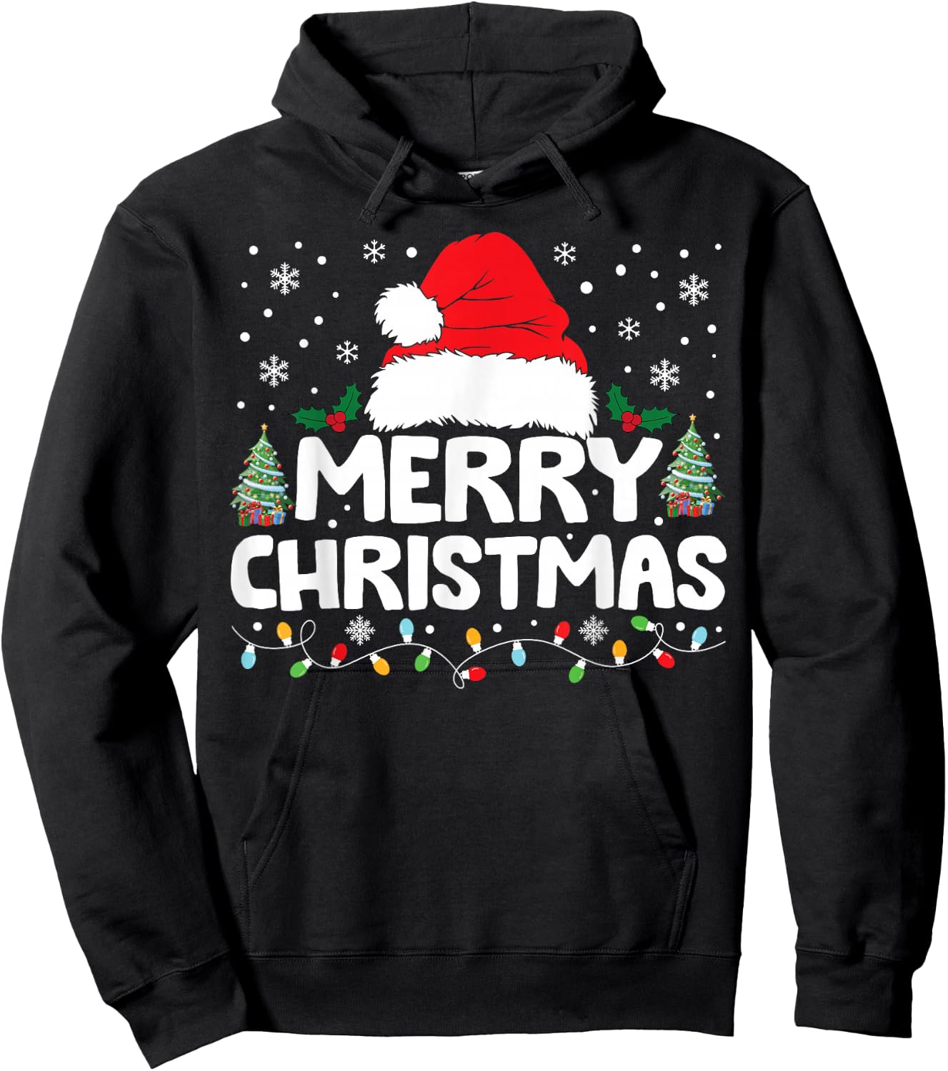 Merry Christmas Lights Red Santa Hat Xmas Family Men Women Hoodie - Hoodie | Black