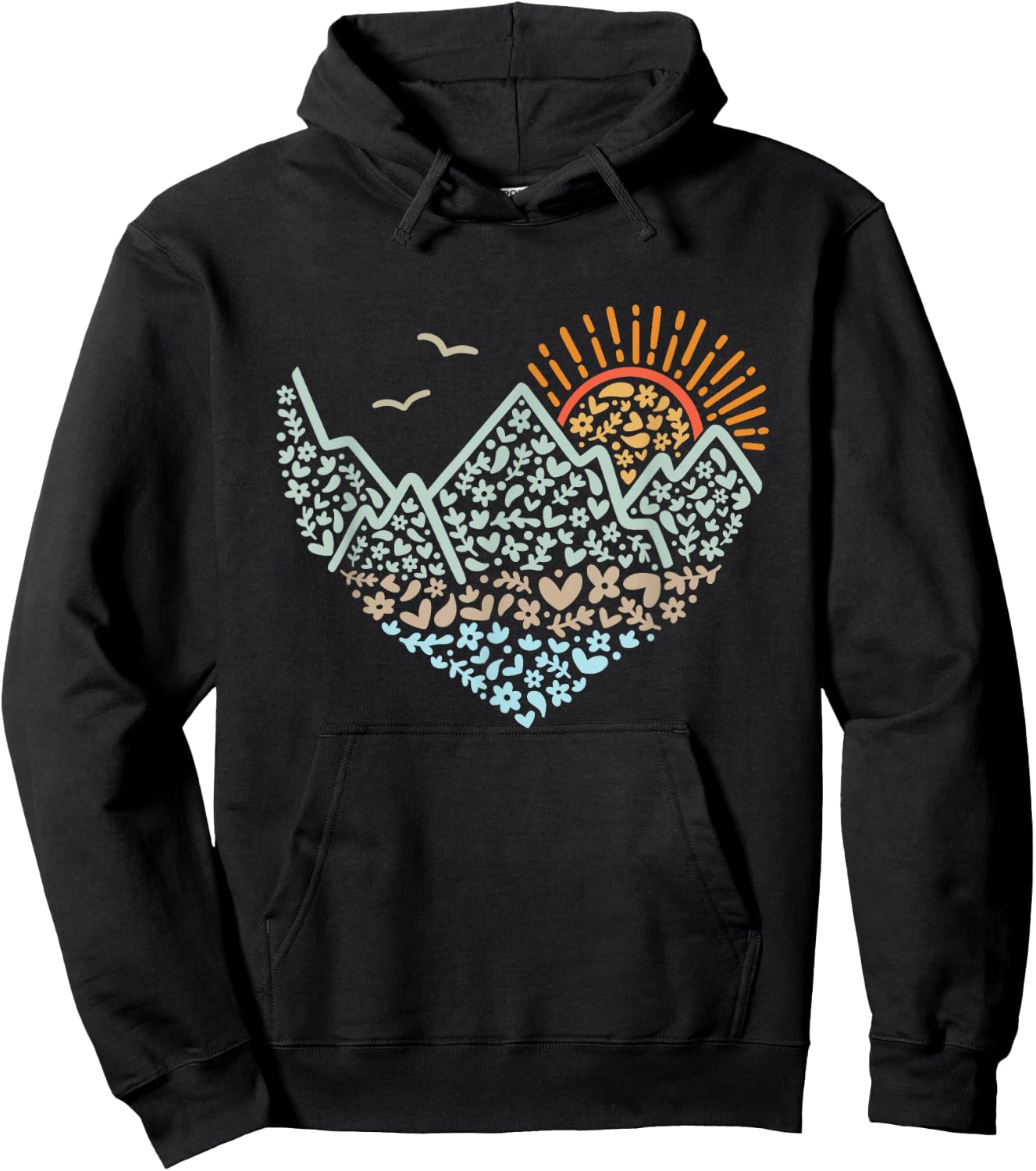 Mountain Heart Floral Sunshine hiking scene design Hoodie - Hoodie | Black