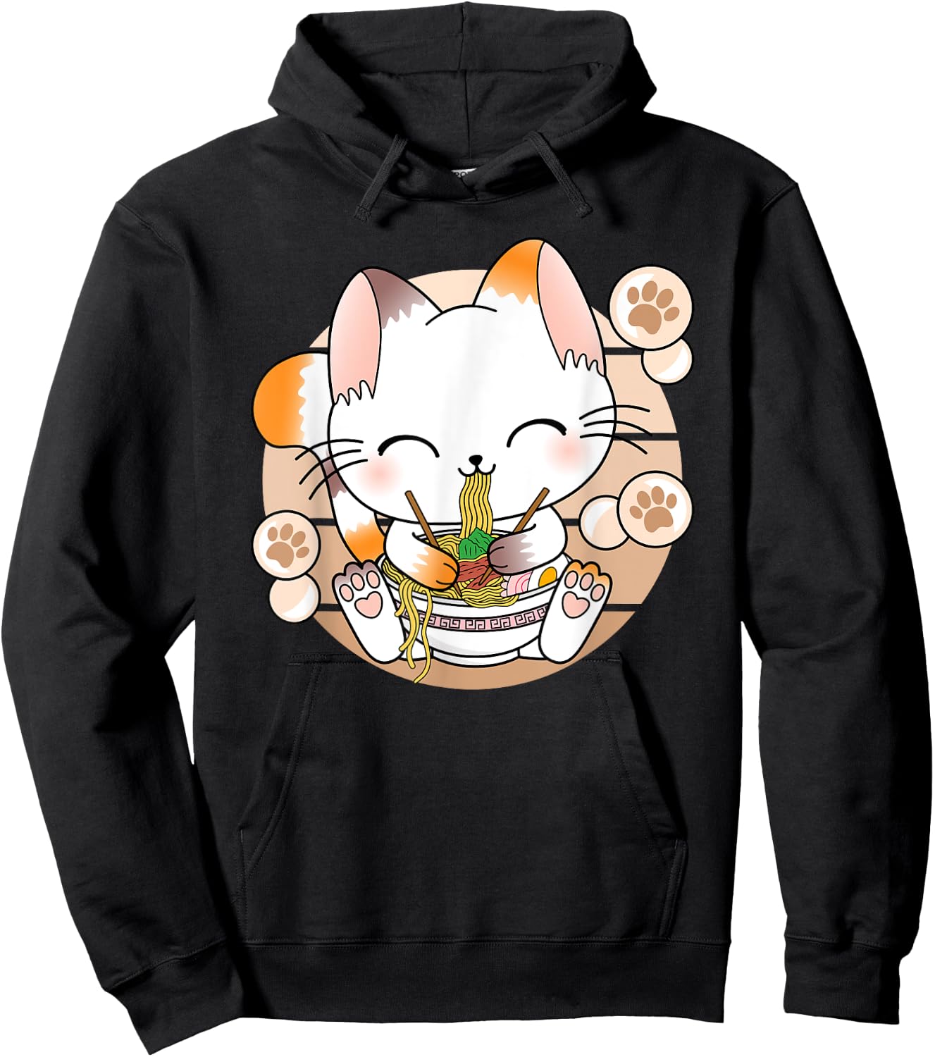 Funny Japanese Anime Cat Ramen Noodles Kawaii Manga , black Hoodie - Hoodie | Black