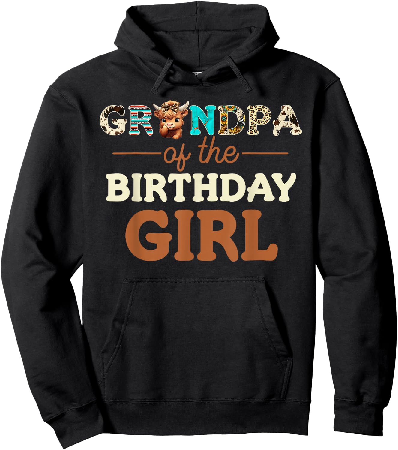 Grandpa of The Birthday Girl Highland Cow Print First Bday Hoodie - Hoodie | Black
