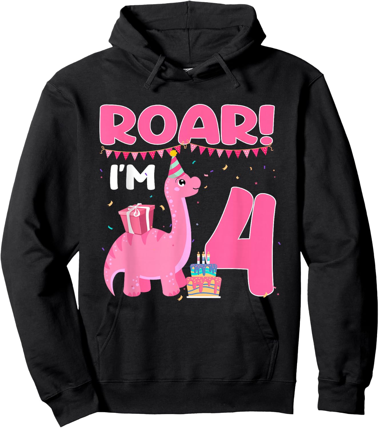Roar I'm 4 Year Old Dinosaur Girl 4th Birthday Party Hoodie - Hoodie | Black