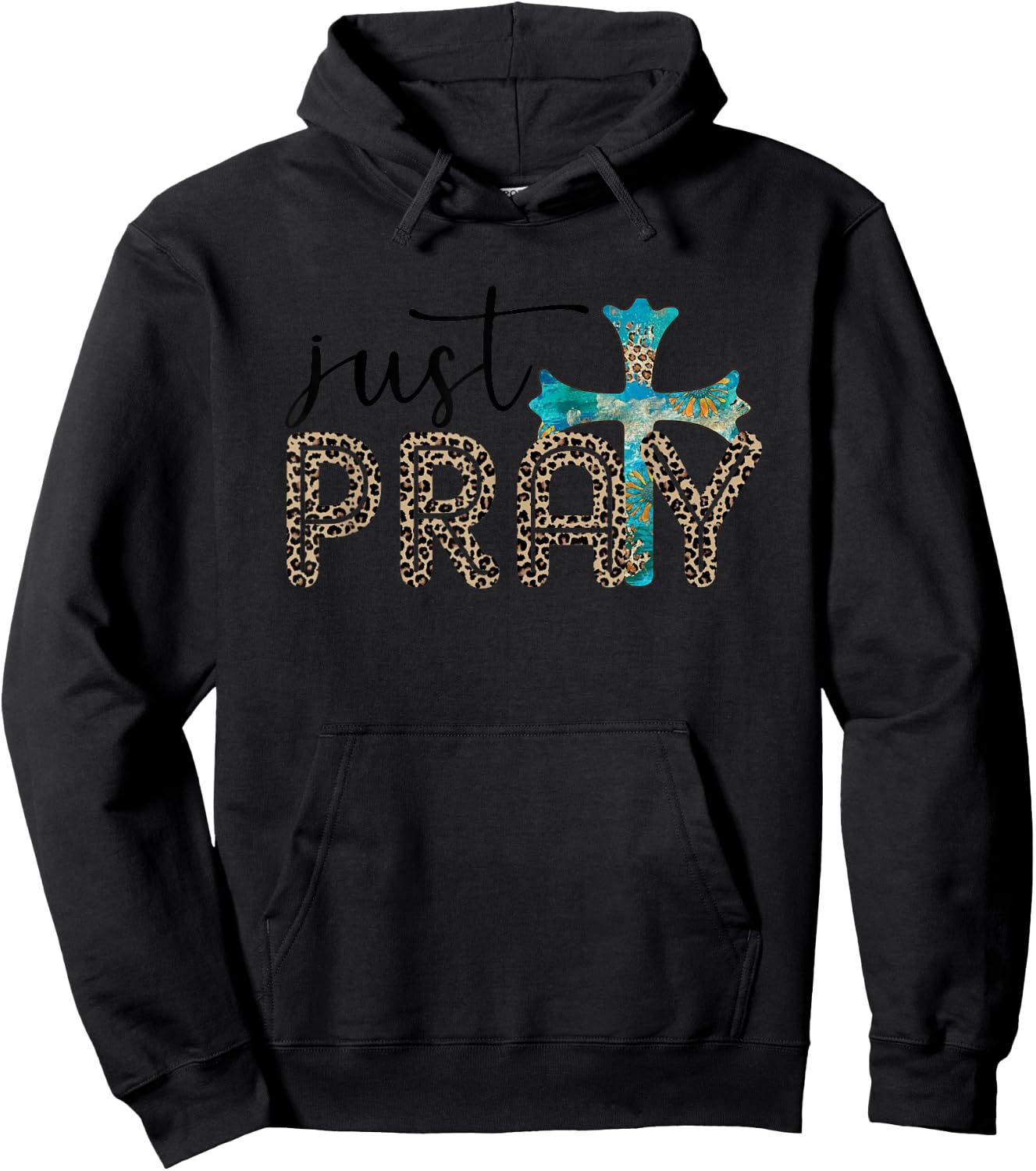Just Pray Leopard Print Spiritual Faith Cross Hoodie - Hoodie | Black