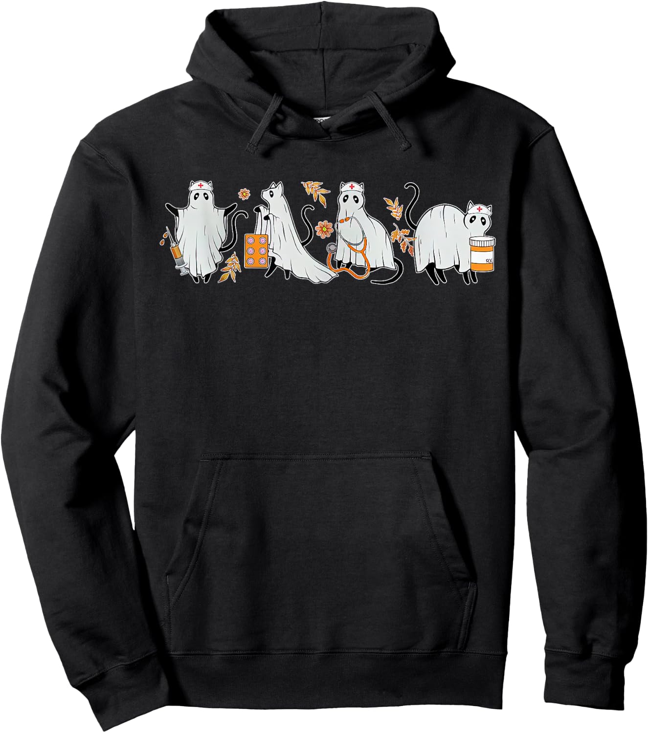 Ghost Cat Nurse ICU RN Pharmacy Tech Fall Halloween Costume Hoodie - Hoodie | Black