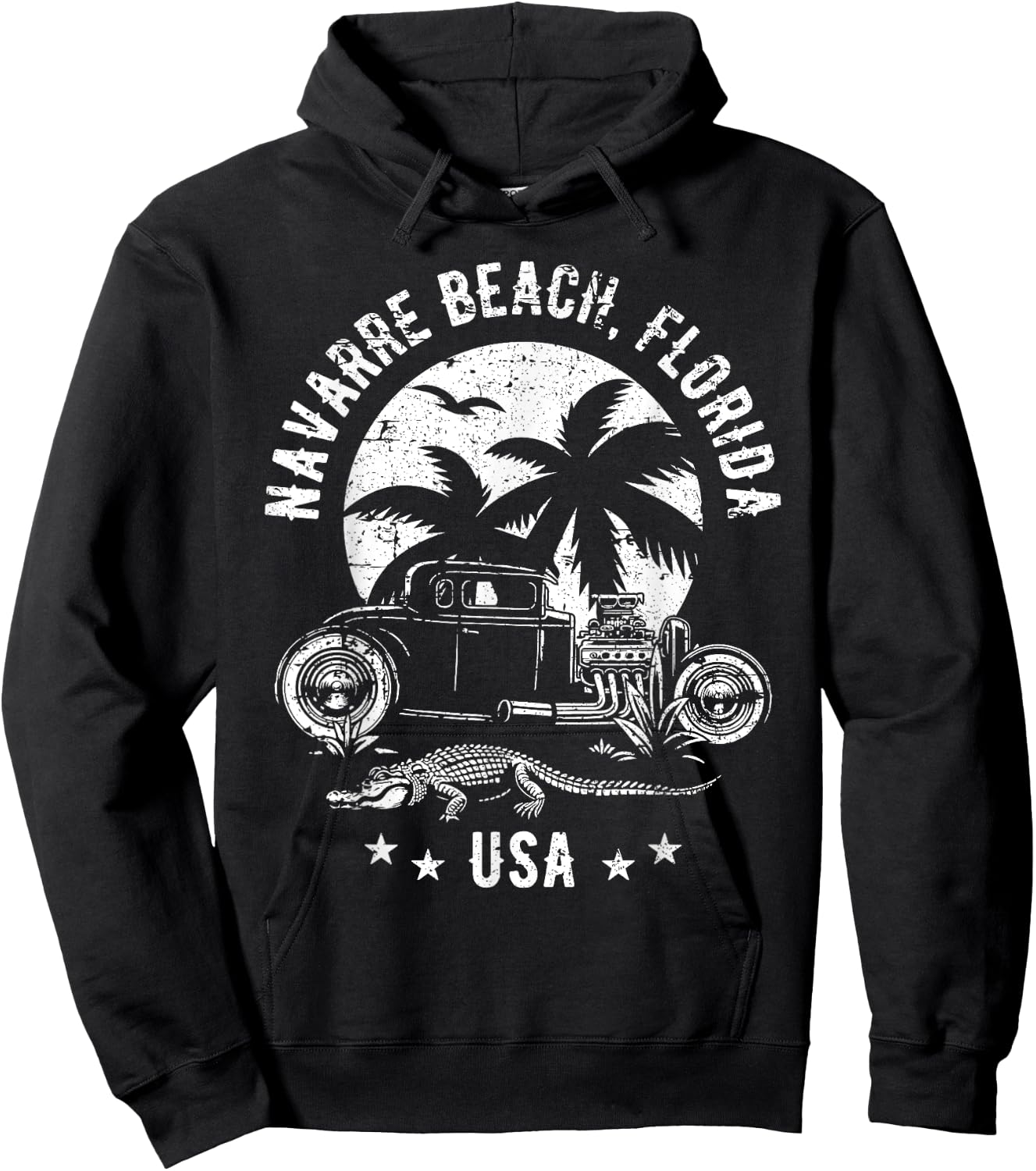 Navarre Beach Florida Sunset Hotrod Distressed Design Hoodie - Hoodie | Black