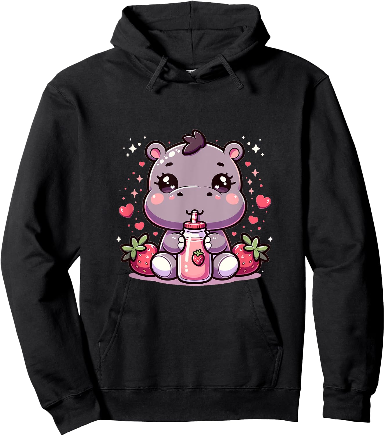 Cute Japanese Kawaii Style Hippo Drinking Strawberry Milk Hoodie - Hoodie | Black