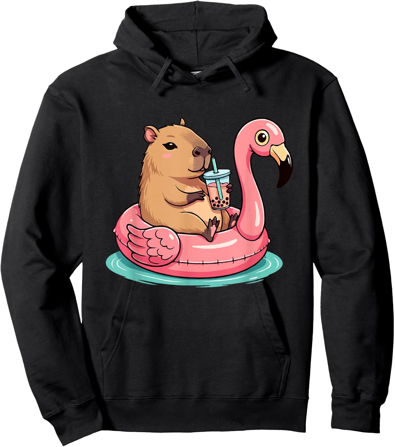 Cute Capybara On Flamingo Pool Float Drinking Bubble Tea Hoodie - Hoodie | Black