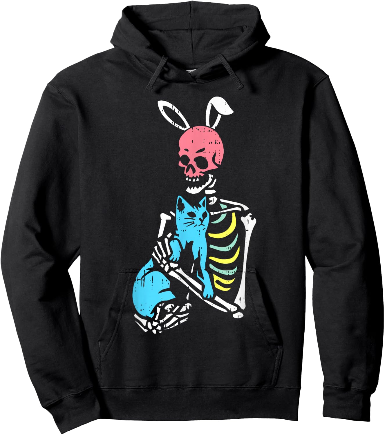 Skeleton Hug Cat Easter Bunny Ears Spring Men Women Kids Hoodie - Hoodie | Black