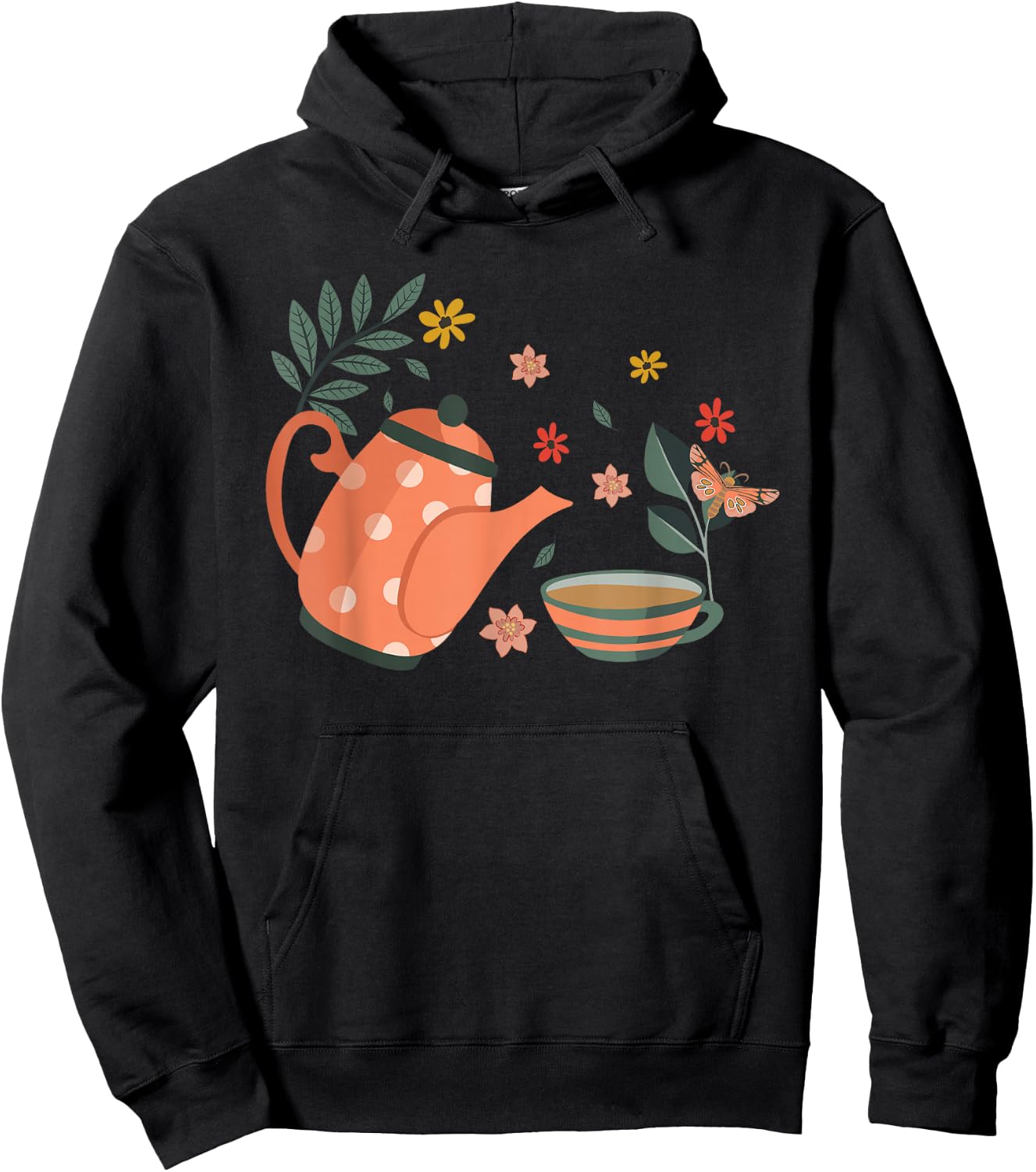 Elegant Tea Time Teapot Floral Wreath Hoodie - Hoodie | Black