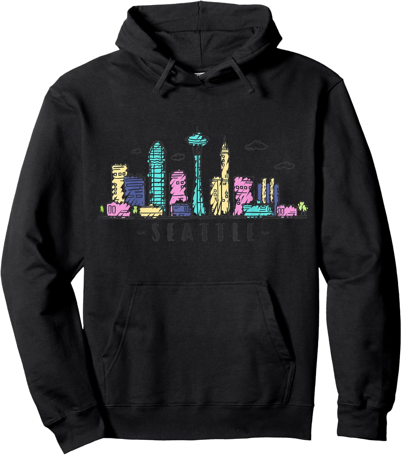 Seattle Skyline Washington PNW Vintage Hoodie - Hoodie | Black