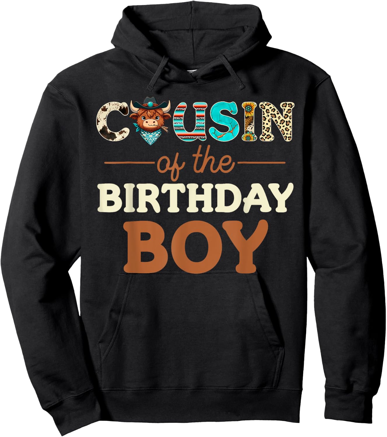 Cousin of The Birthday Boy Highland Cow Print First Bday Hoodie - Hoodie | Black