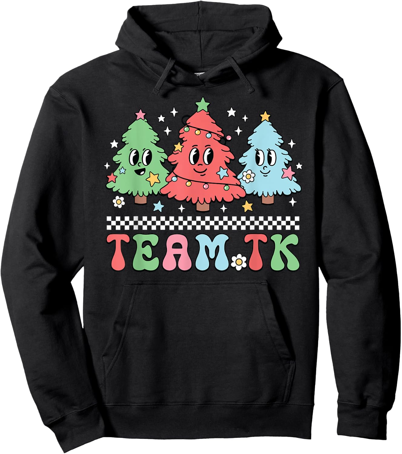 Team TK Teacher Christmas Sweater Retro Xmas Tree Smile Face Hoodie - Hoodie | Black