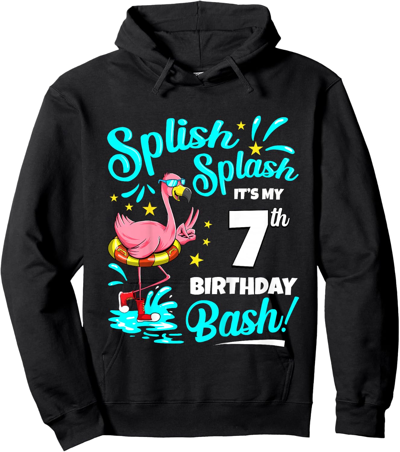 7th Birthday Flamingo 7 Years Old Pool Party Summer Hoodie - Hoodie | Black