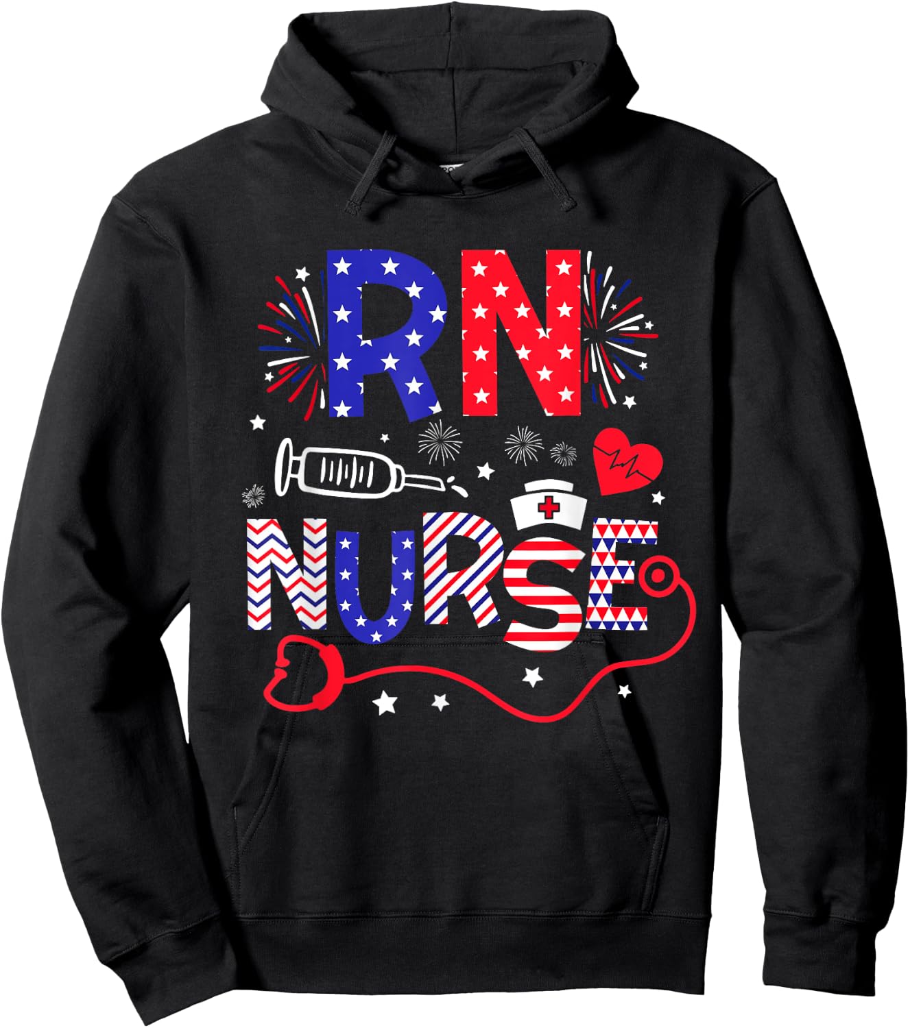 RN Nurse 4th Of July Patriotic American Flag Stethoscope Hoodie - Hoodie | Black