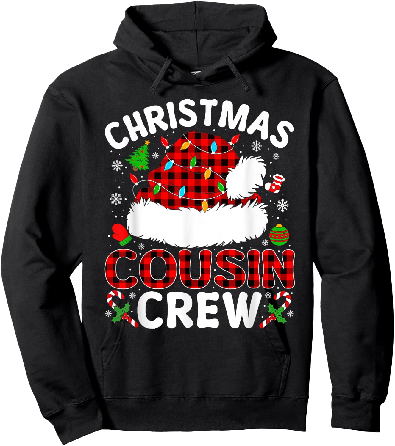 Christmas Cousin Crew Buffalo Plaid Santa Hat Xmas Pajamas Hoodie - Hoodie | Black
