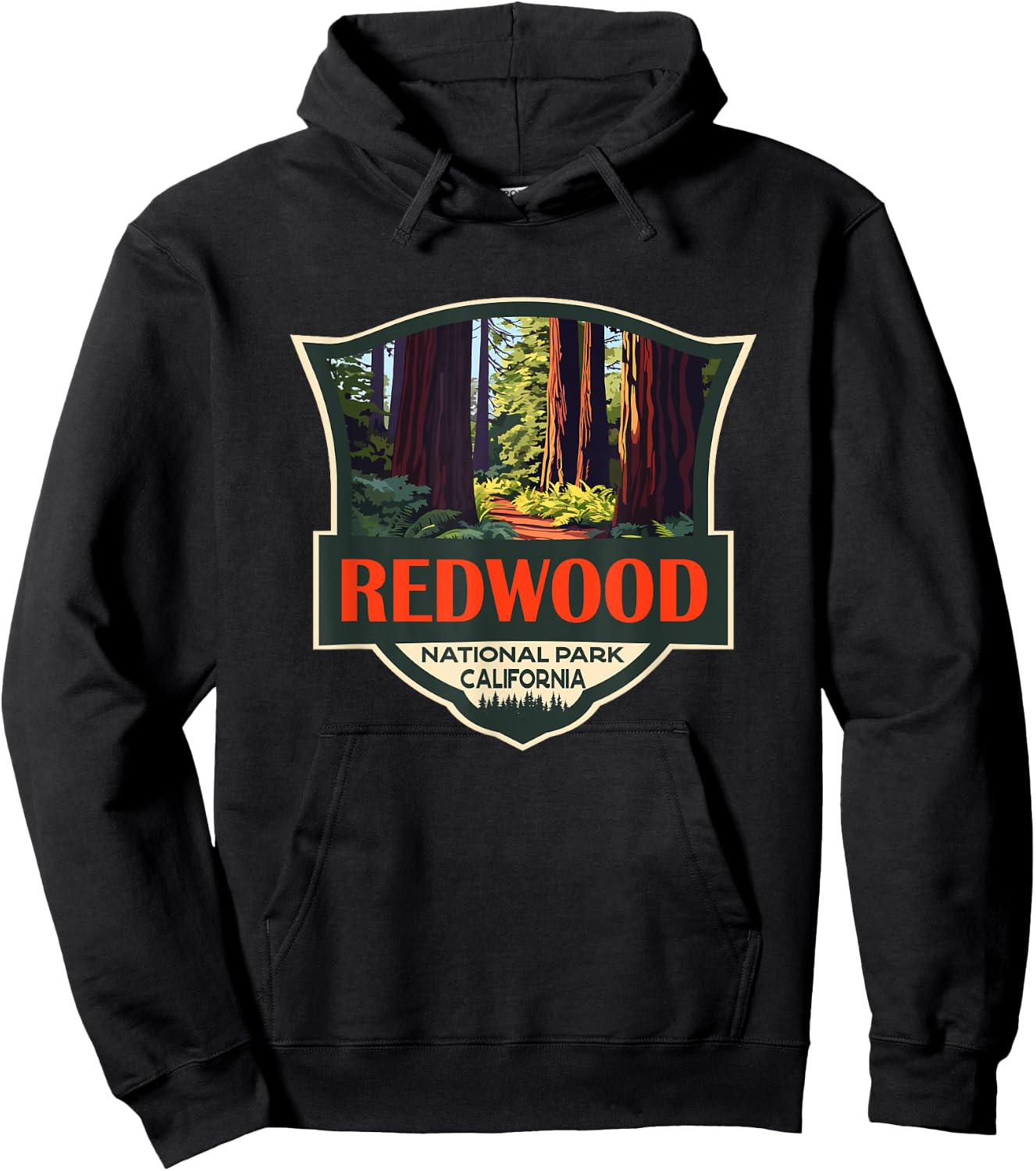 Redwood National Park Illustration Retro Badge Hoodie - Hoodie | Black