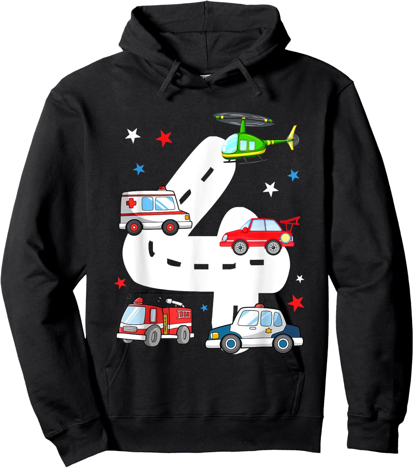 4th Birthday Emergency Vehicles 4 Year Old Birthday Kids Hoodie - Hoodie | Black