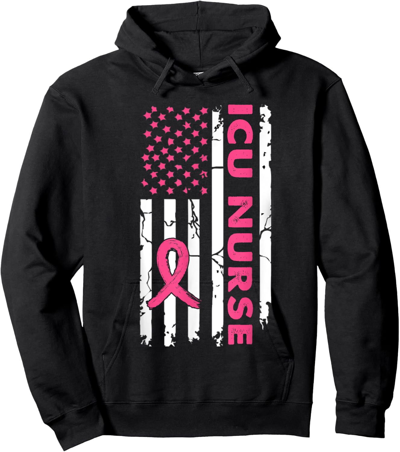 Icu Nurse American Flag Nurse Breast Cancer Awareness Hoodie - Hoodie | Black
