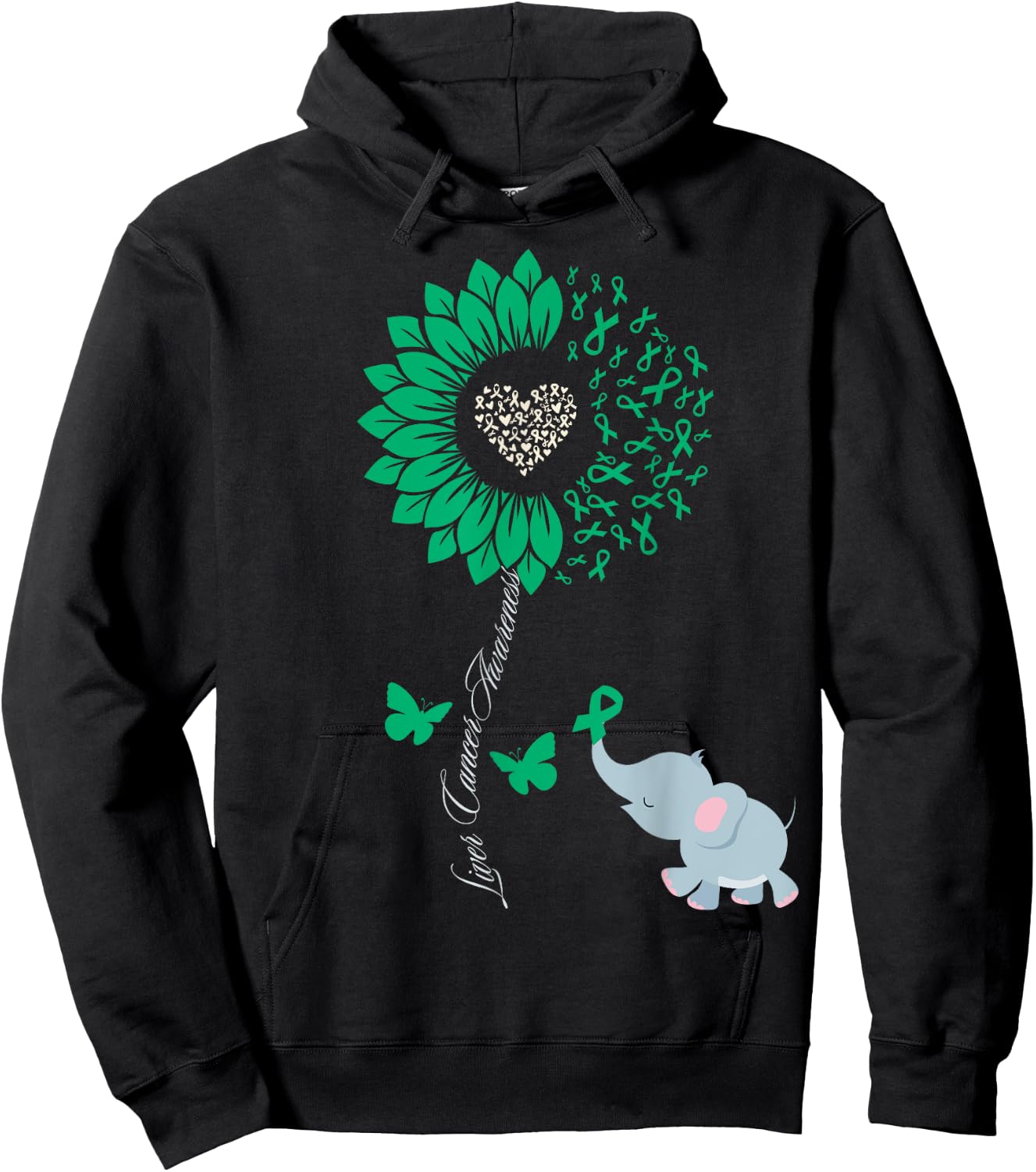 Liver Cancer Awareness Sunflower Elephant Butterfly Green Hoodie - Hoodie | Black