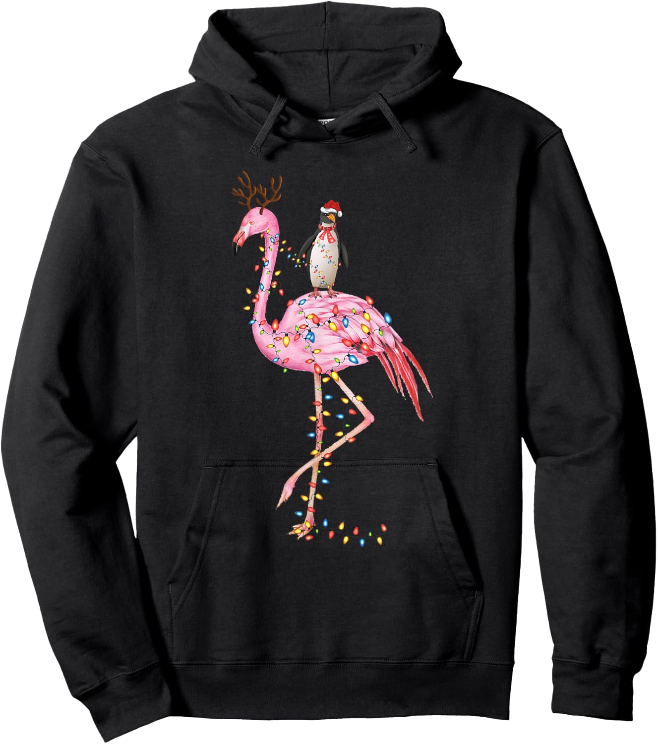 Holiday Xmas Lighting Penguin Riding Flamingo Christmas Hoodie - Hoodie | Black