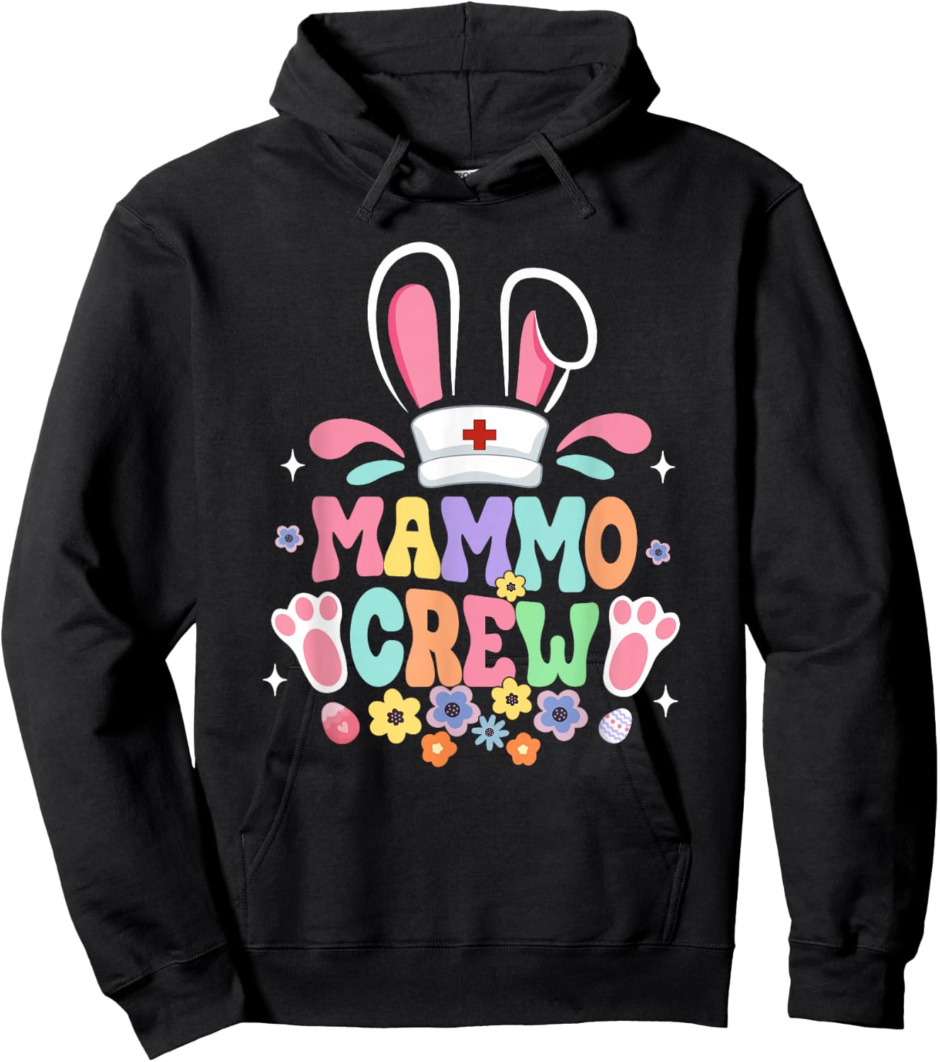 Retro Groovy Mammo Crew Mammo Tech Bunny Ear Flower Easter Hoodie - Hoodie | Black