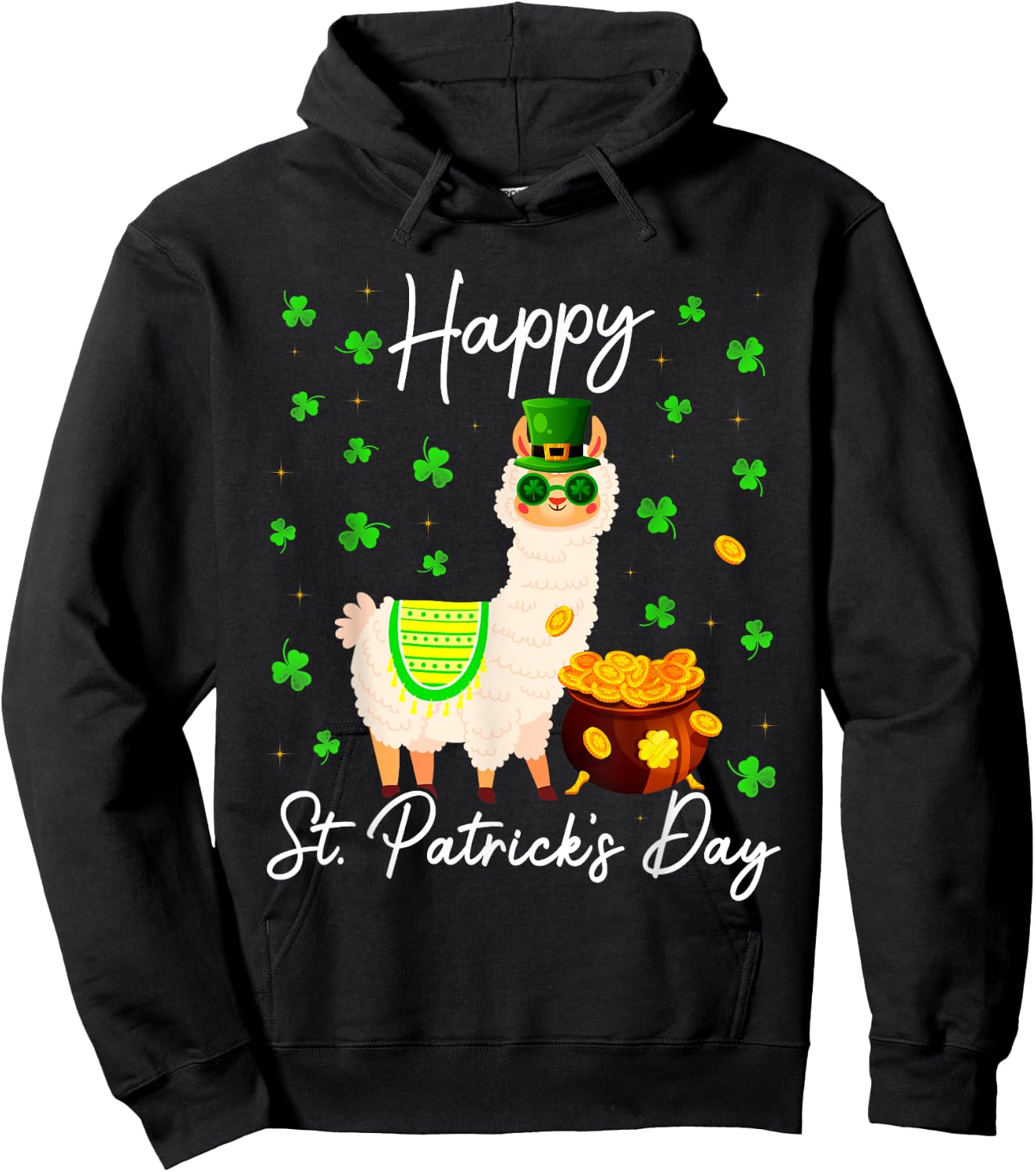 Happy St Patricks Day Cute Llama St Pattys Irish Shamrock Hoodie - Hoodie | Black