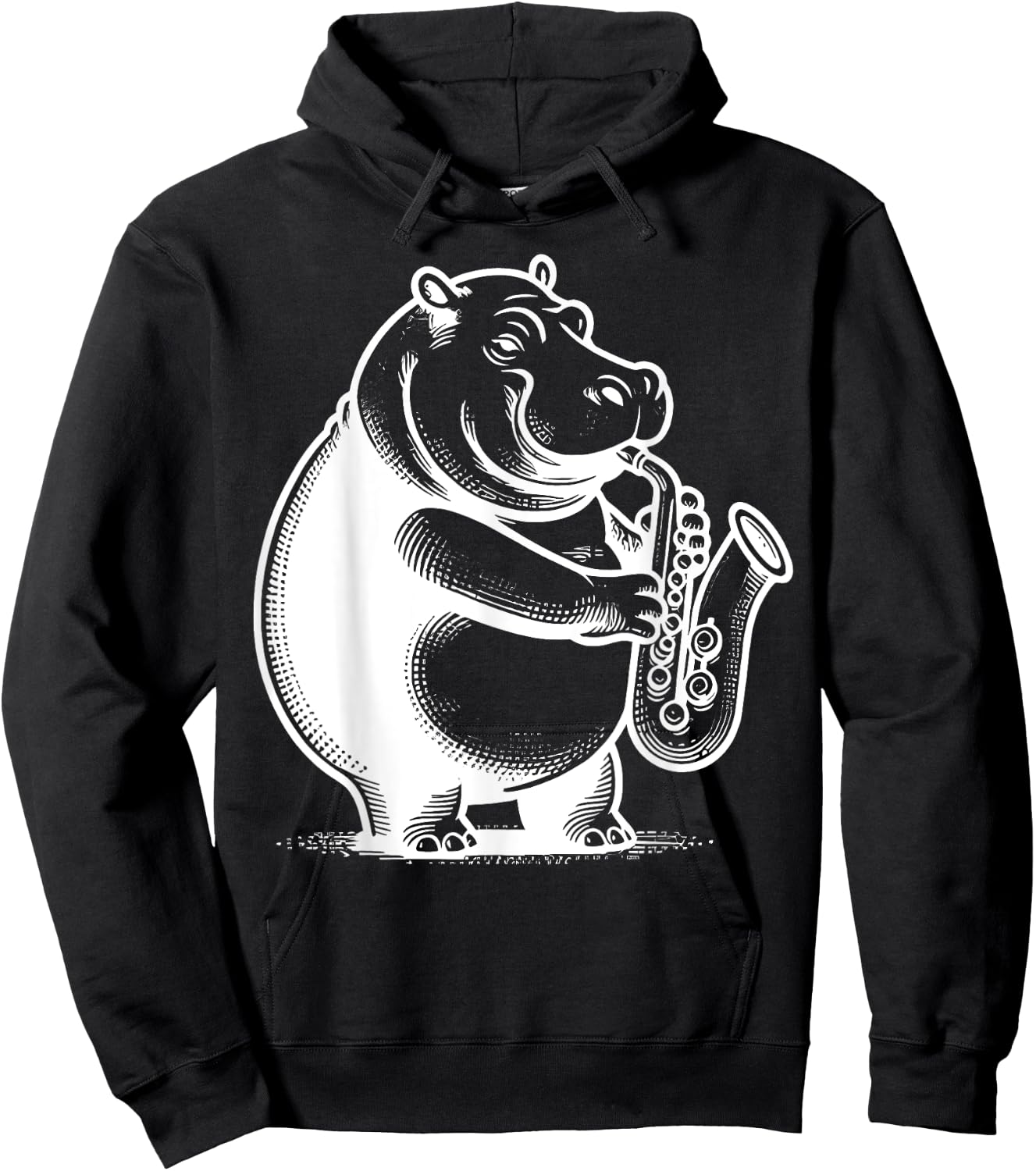 Funny Vintage Hippo Playing Saxophone Musician Animal Lovers Hoodie - Hoodie | Black
