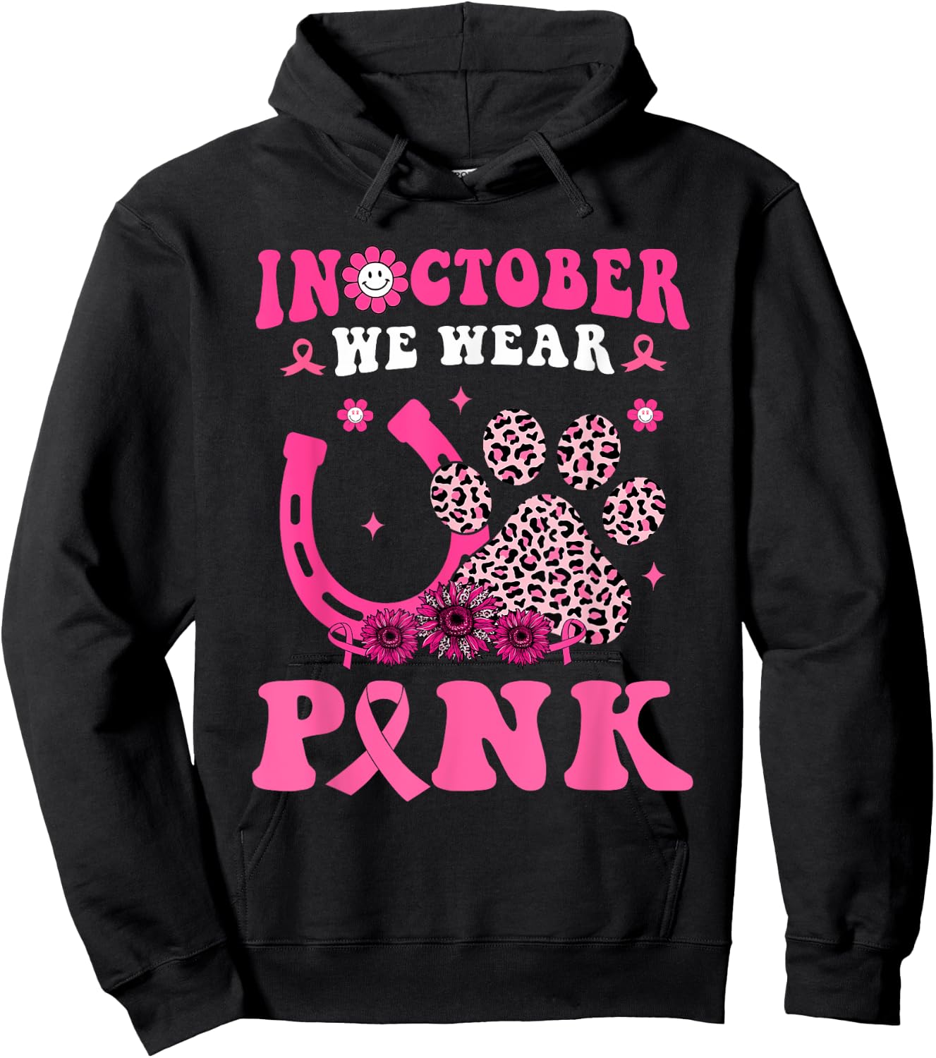 Groovy Halloween In October We Wear Pink Horseshoe & Dog Paw Hoodie - Hoodie | Black