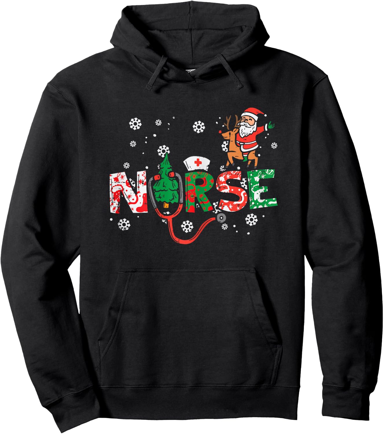 Nurse Christmas Santa Cute Xmas Winter Scrub Top Women Hoodie - Hoodie | Black