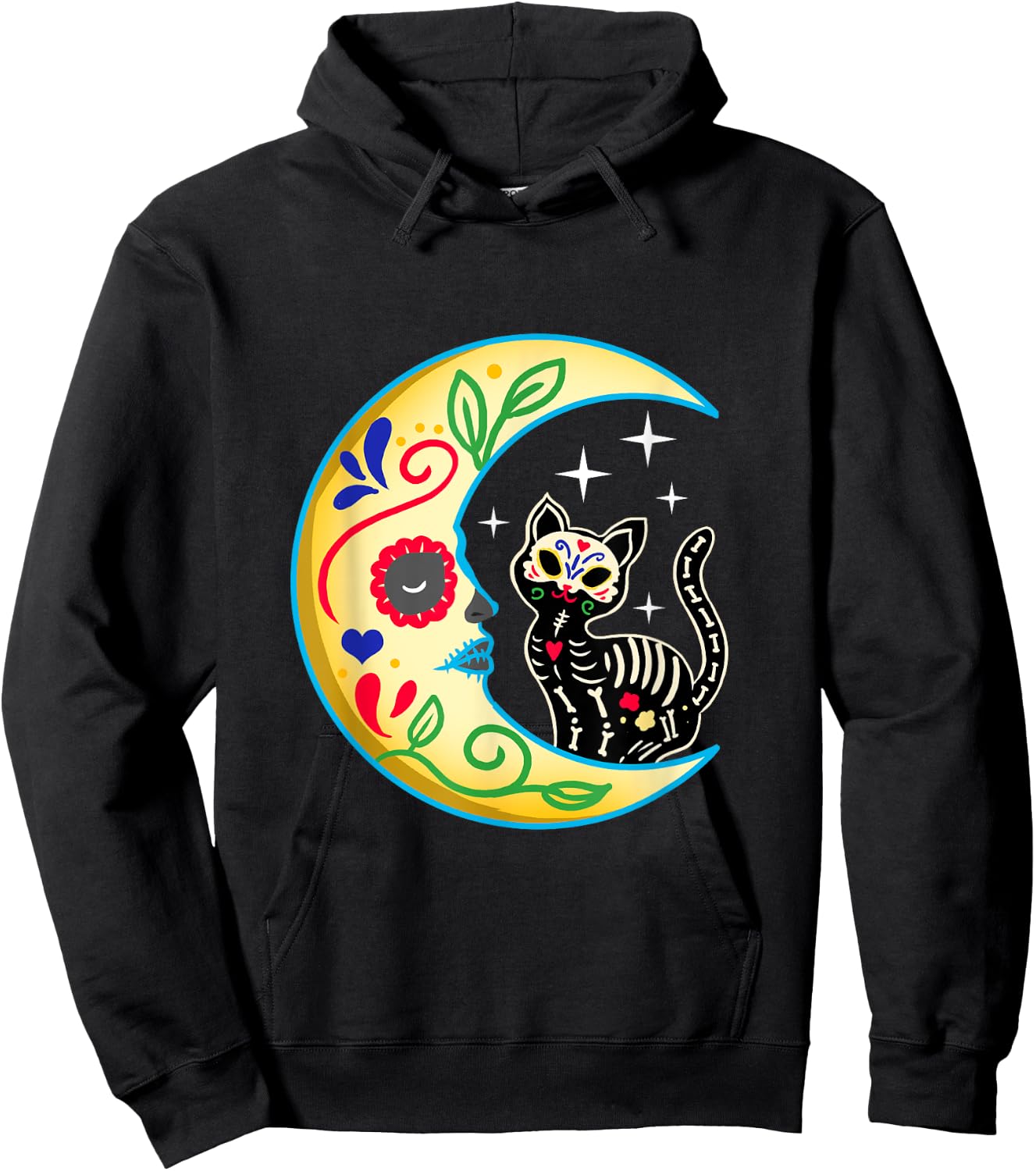 Cat & Moon Sugar Skull Dia de Los Muertos Day of The Dead Men Women Girls Kids Hoodie - Hoodie | Black
