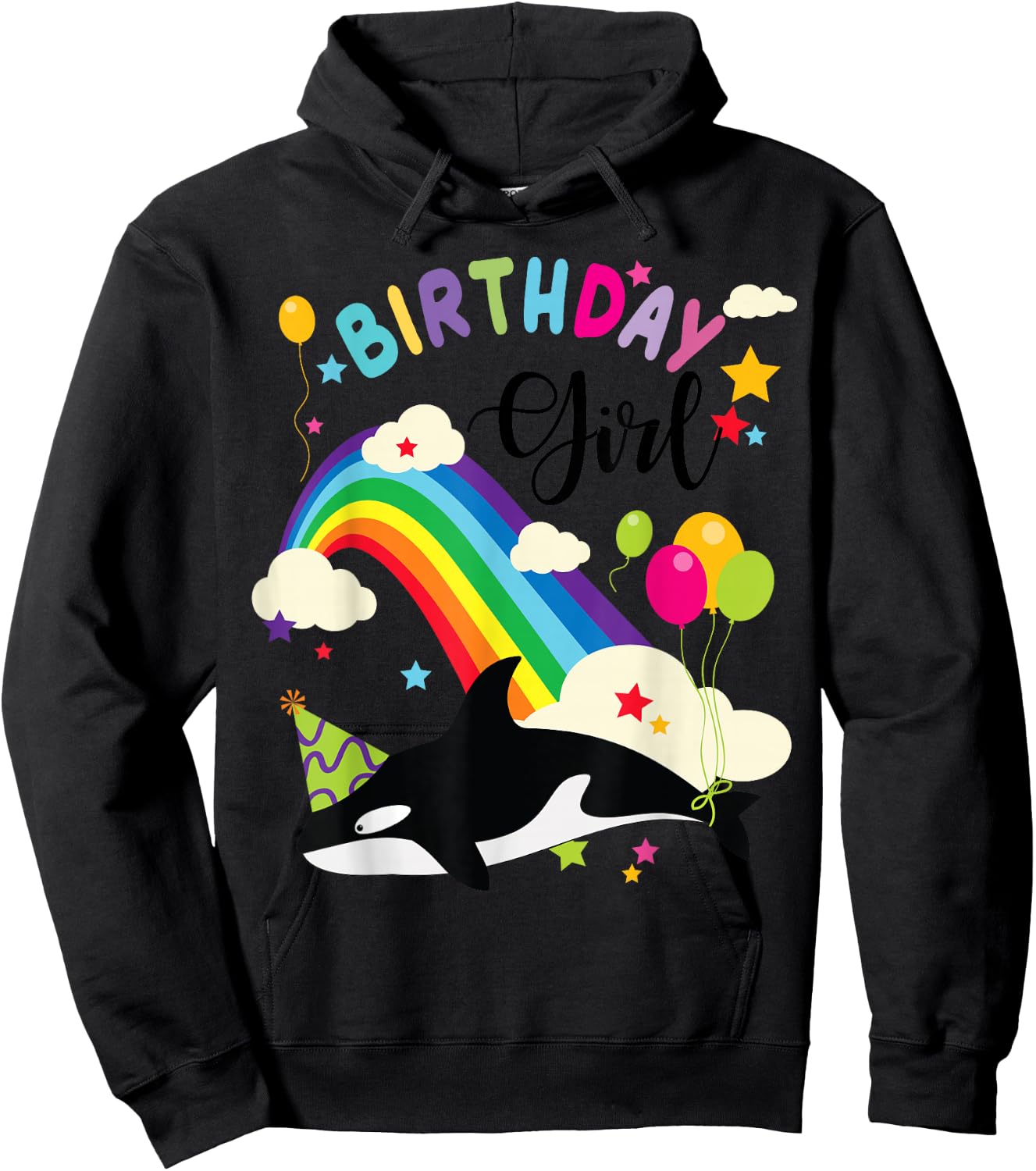 Cute Birthday Girl Orca Lovers & Killer Whale Lovers Rainbow Hoodie - Hoodie | Black