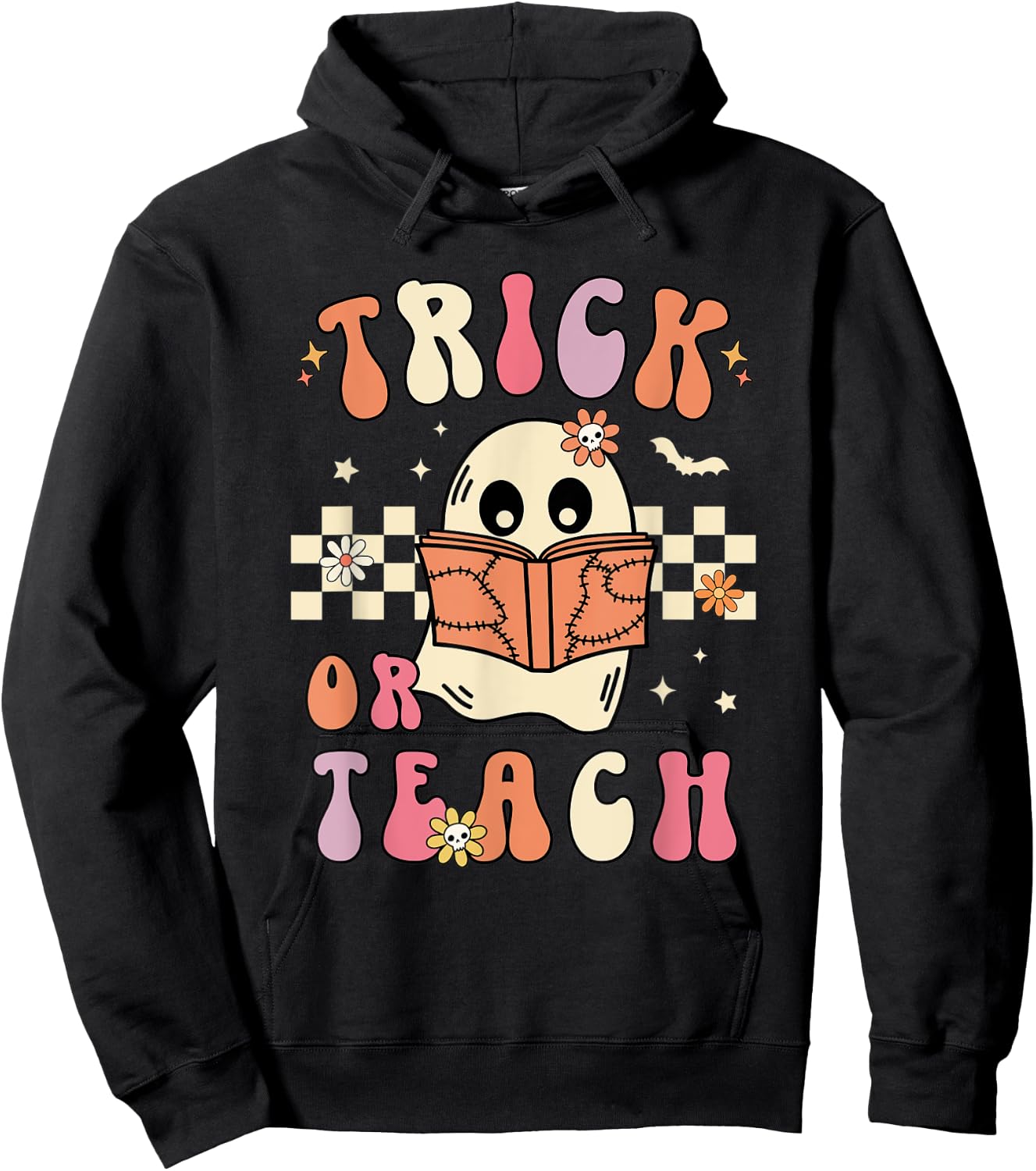 Groovy Halloween Trick or Teach Retro Floral Ghost Teacher Men Women Hoodie - Hoodie | Black