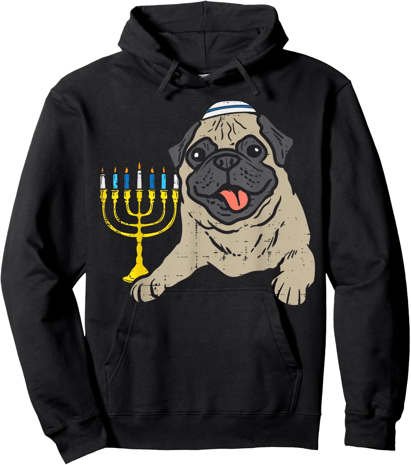 Jewish Pug Dog Menorah Hanukkah Pajamas Chanukah PJs Hoodie - Hoodie | Black