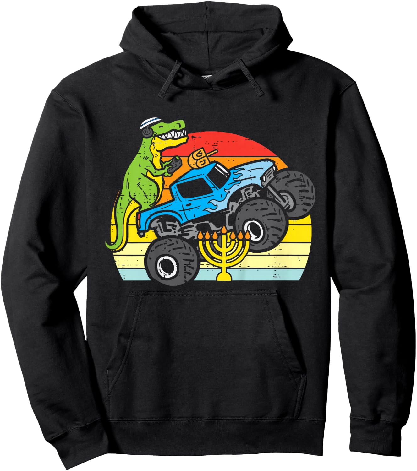 Kids Trex Dino Monster Truck Menorah Boys Hanukkah Toddler Kids Hoodie - Hoodie | Black