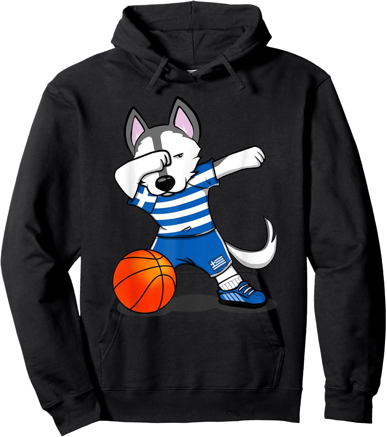Dabbing Husky Dog Greece Basketball Fans Jersey - Greek Flag Men Women Girls Kids Hoodie - Hoodie | Black