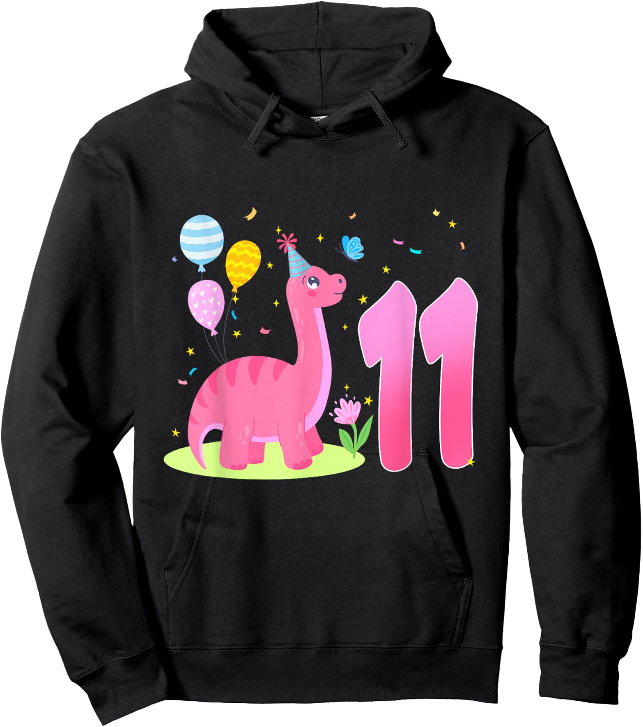 11th Birthday Girl 11 Year Old Birthday Dinosaur Party Hoodie - Hoodie | Black