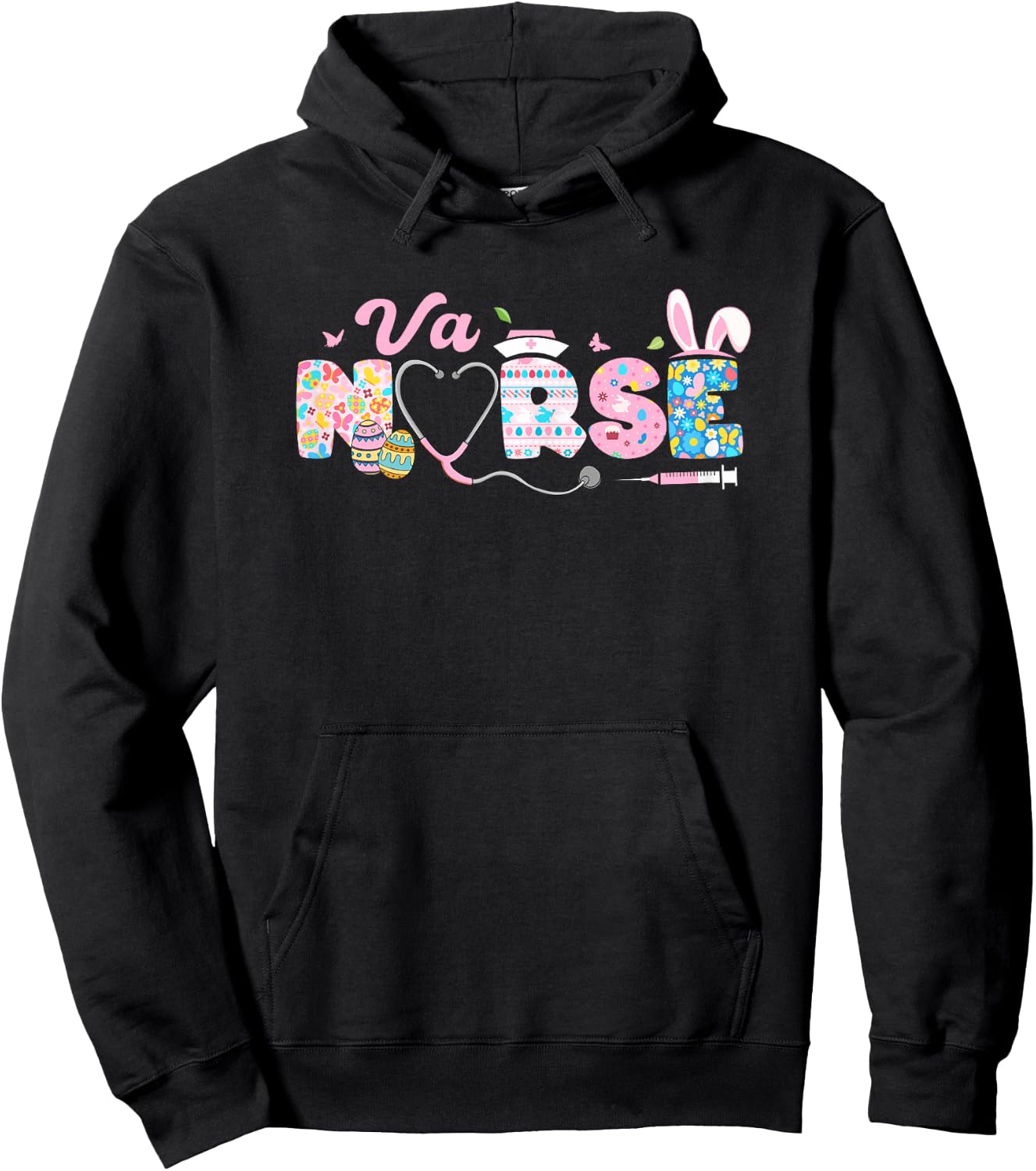 VA Nurse Easter Bunny Easter Egg Stethoscope Nurse Easter Hoodie - Hoodie | Black