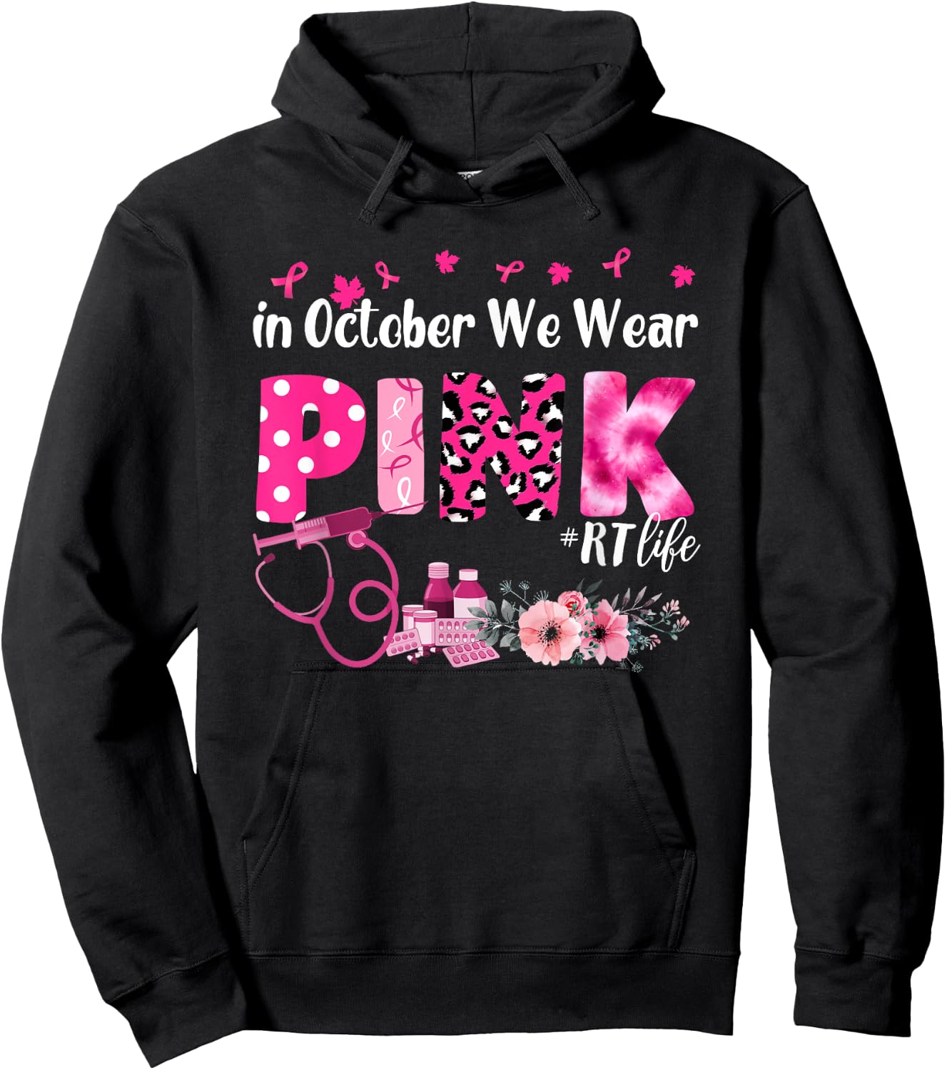 In October We Wear Pink Respiratory Therapist Breast Cancer Hoodie - Hoodie | Black