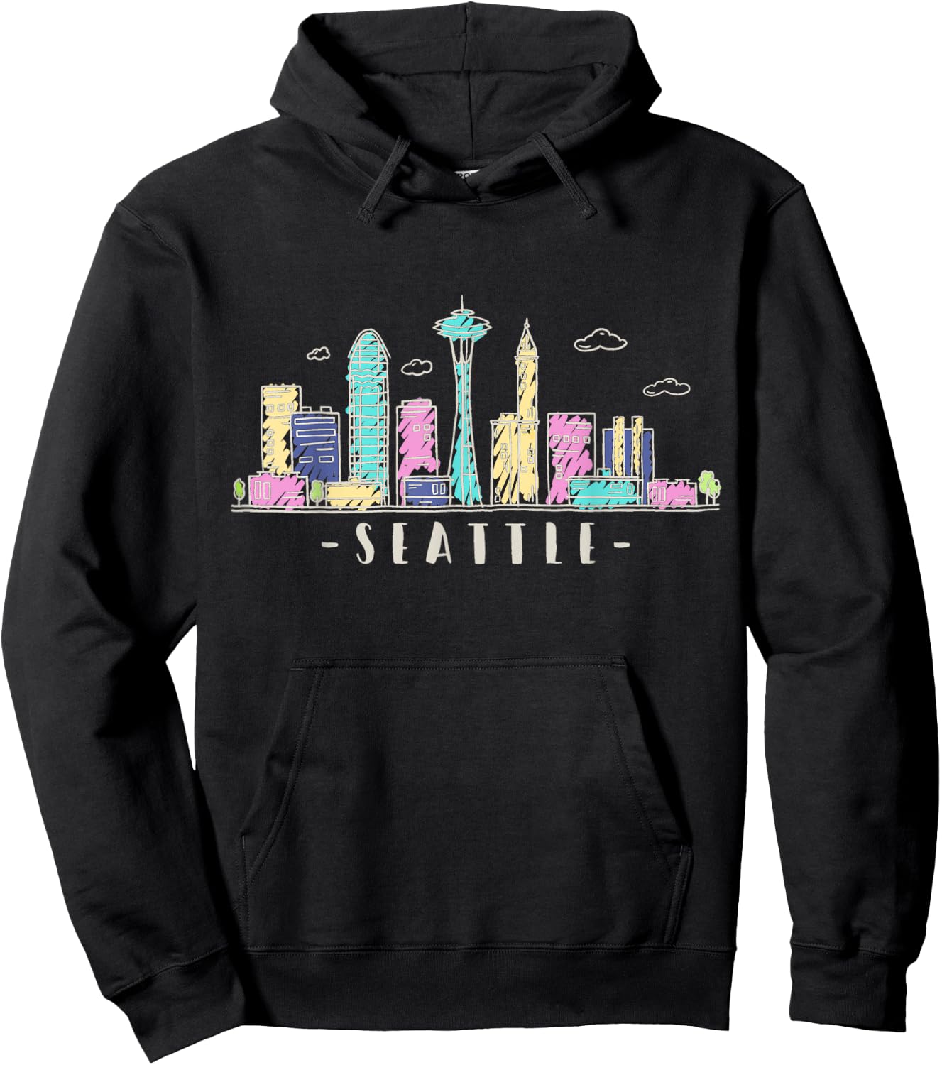 Seattle Skyline Washington PNW Vintage Hoodie - Hoodie | Black