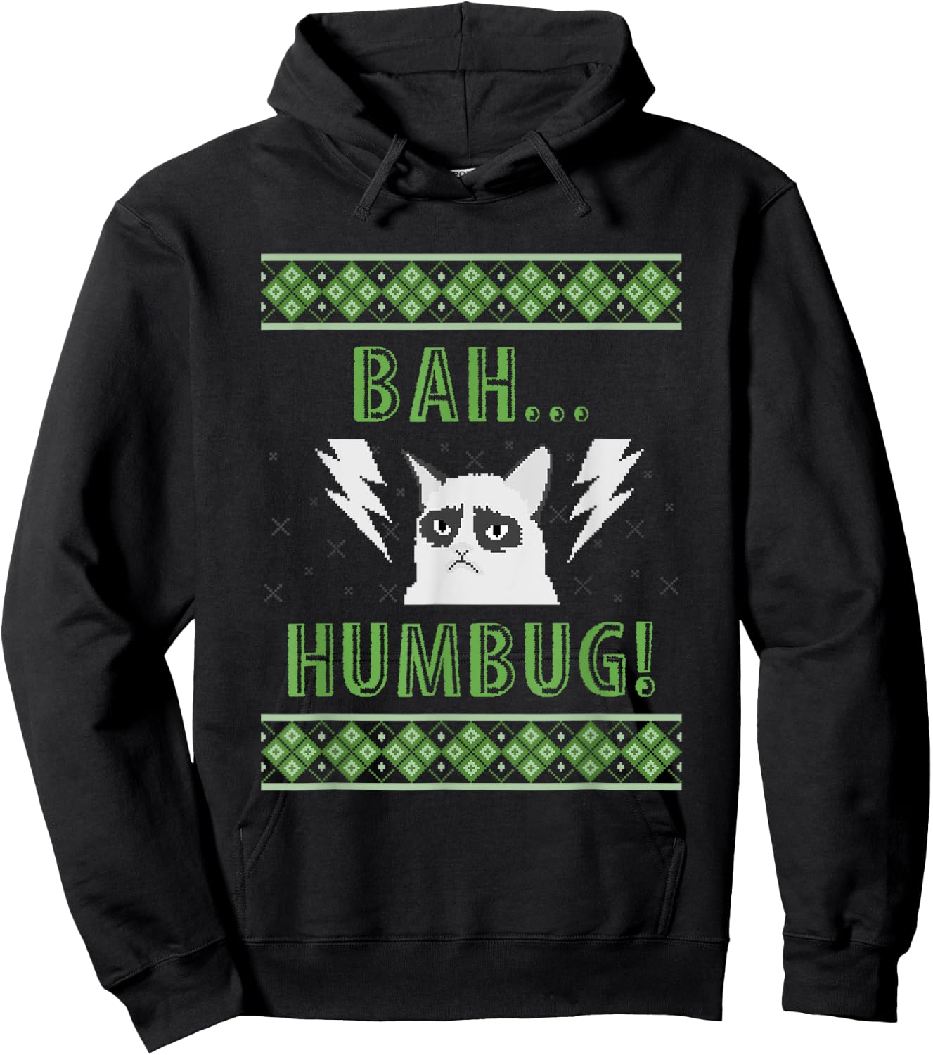 Bah Humbug Grouchy Cat Ugly Christmas Sweater Style T Shirt Women Kids Hoodie - Hoodie | Black